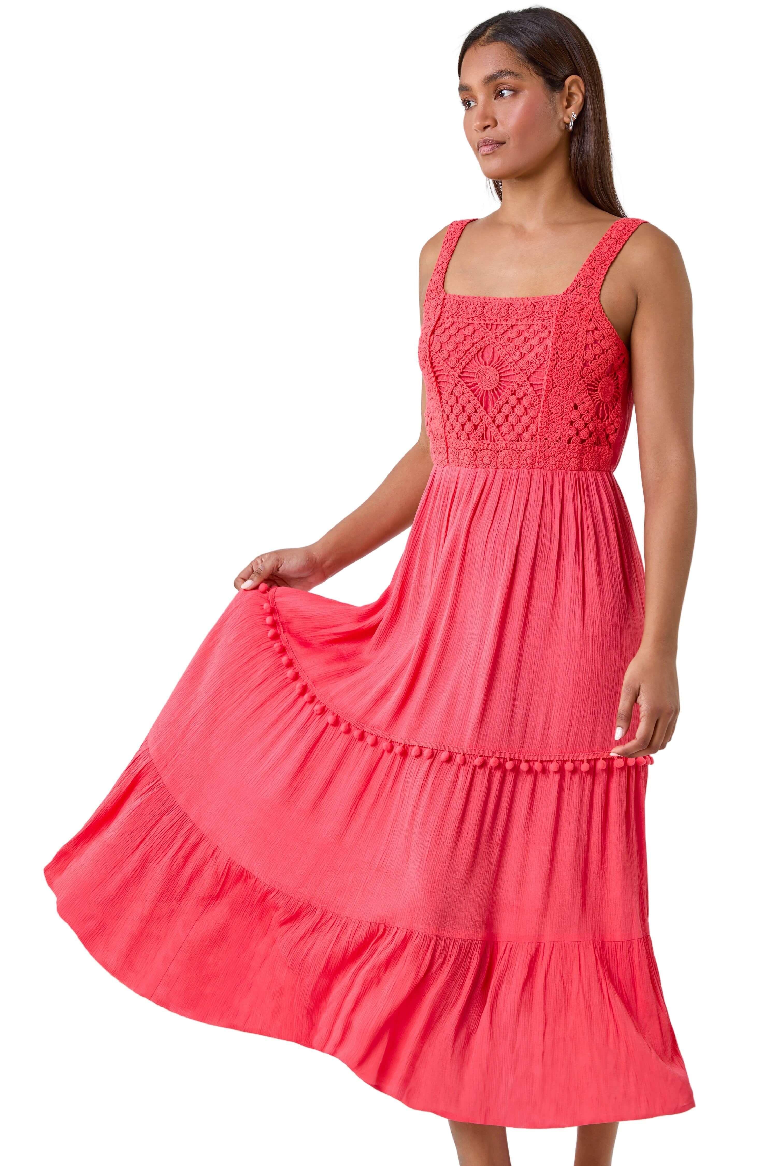 Crochet Detail Cotton Blend Maxi Dress by ROMAN