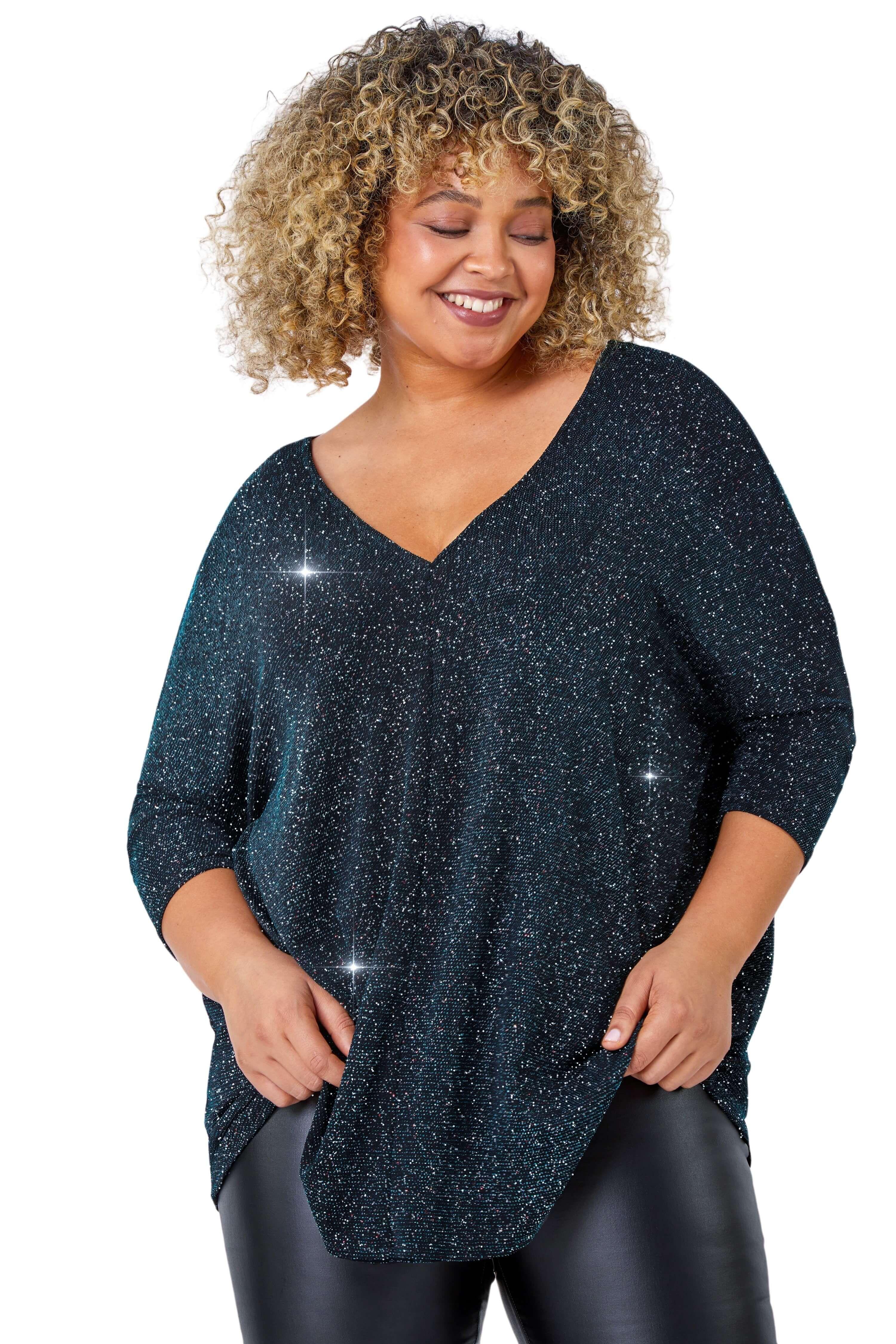 Curve Back Bar Glitter Stretch Top by ROMAN