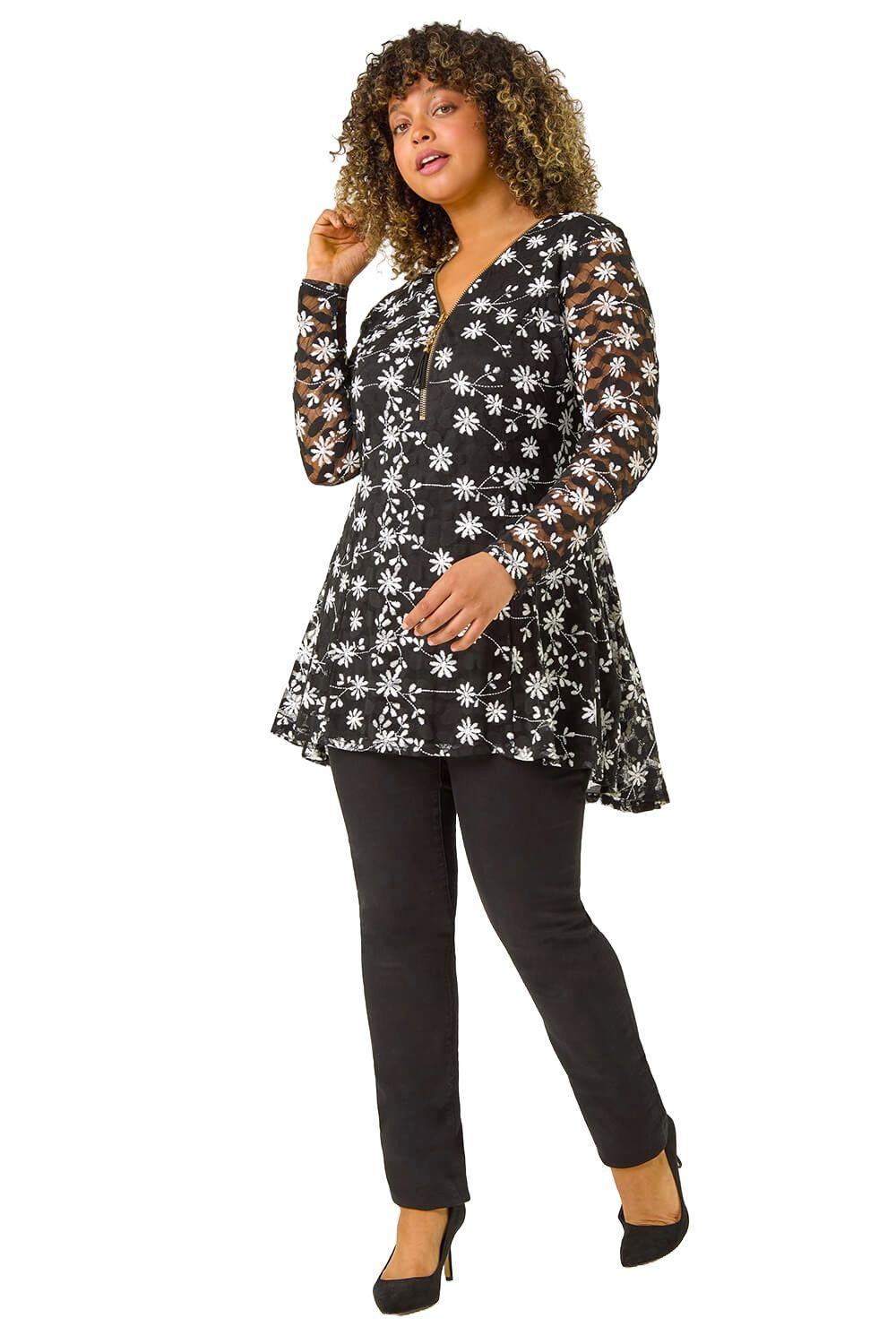 Curve Floral Print V-Neck Zip Front Top by ROMAN