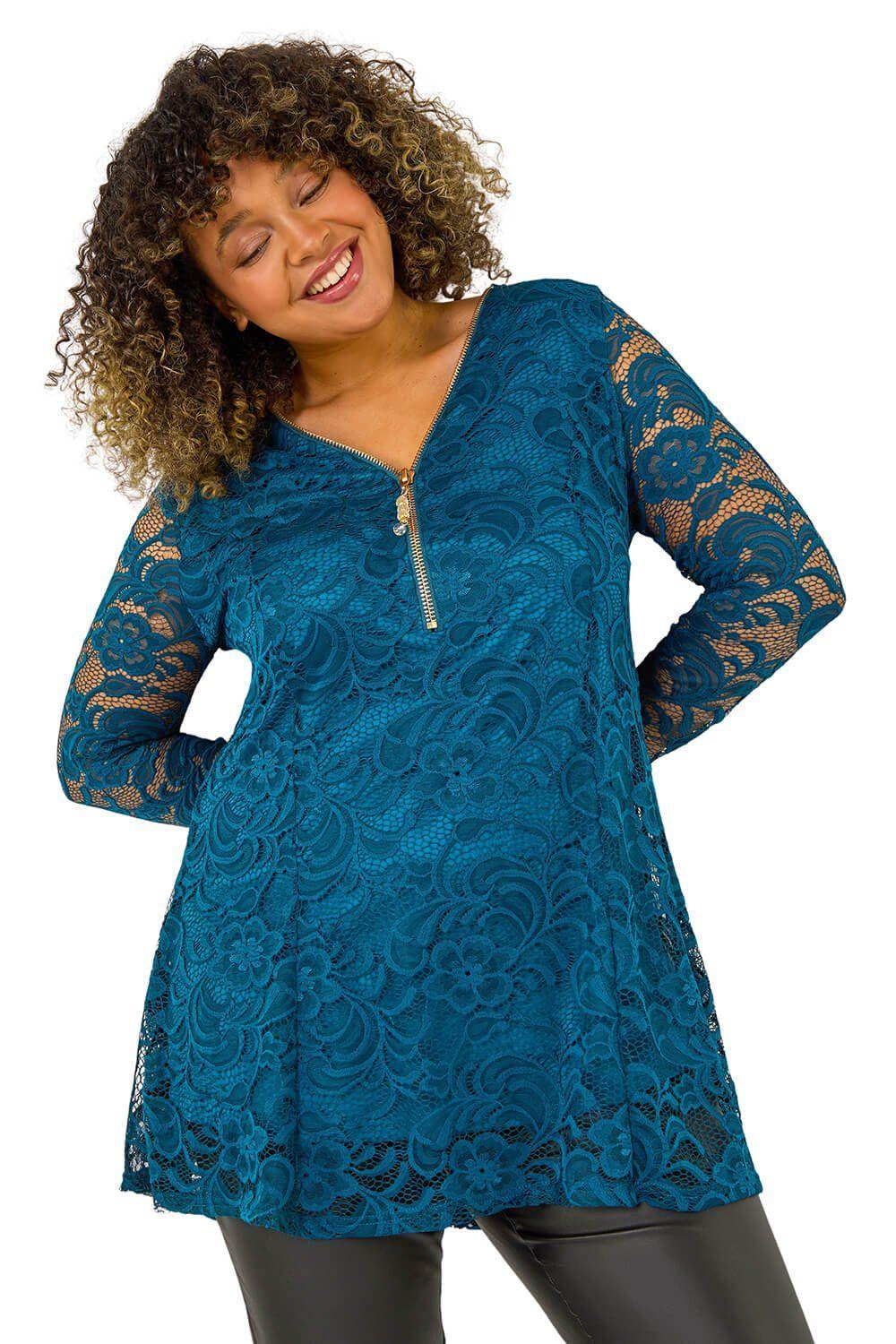 Curve Zip Front Lace Stretch Top by ROMAN