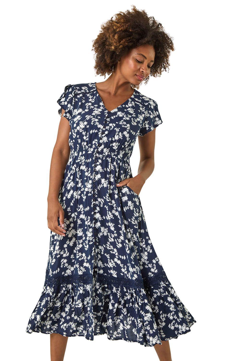 Floral Button Down Frill Midi Dress by ROMAN