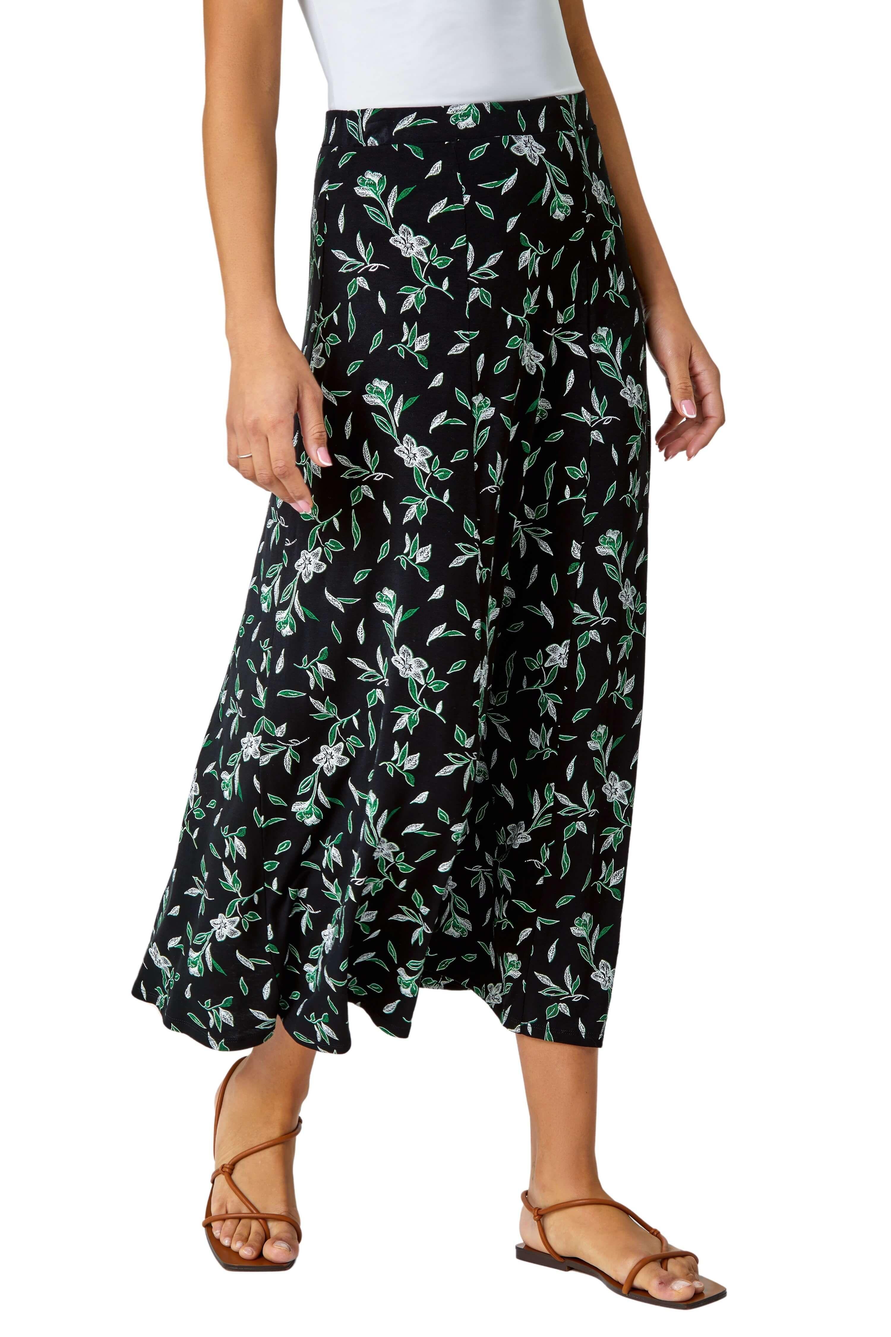 Floral Leaf Jersey A Line Midi Skirt by ROMAN