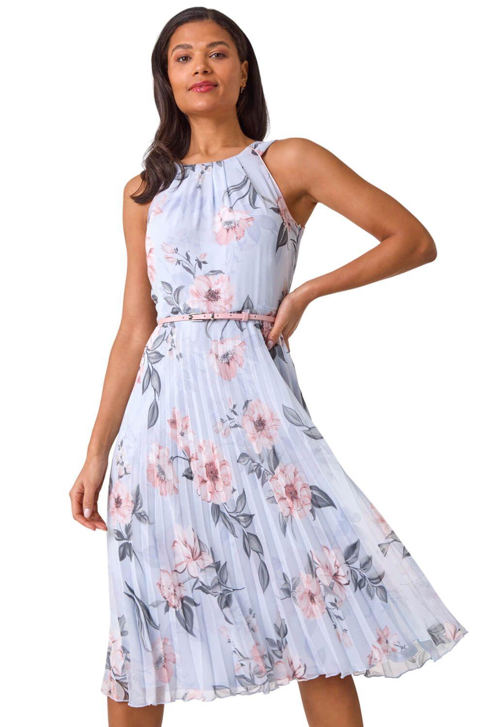 Floral Pleated Halter Midi Dress by ROMAN