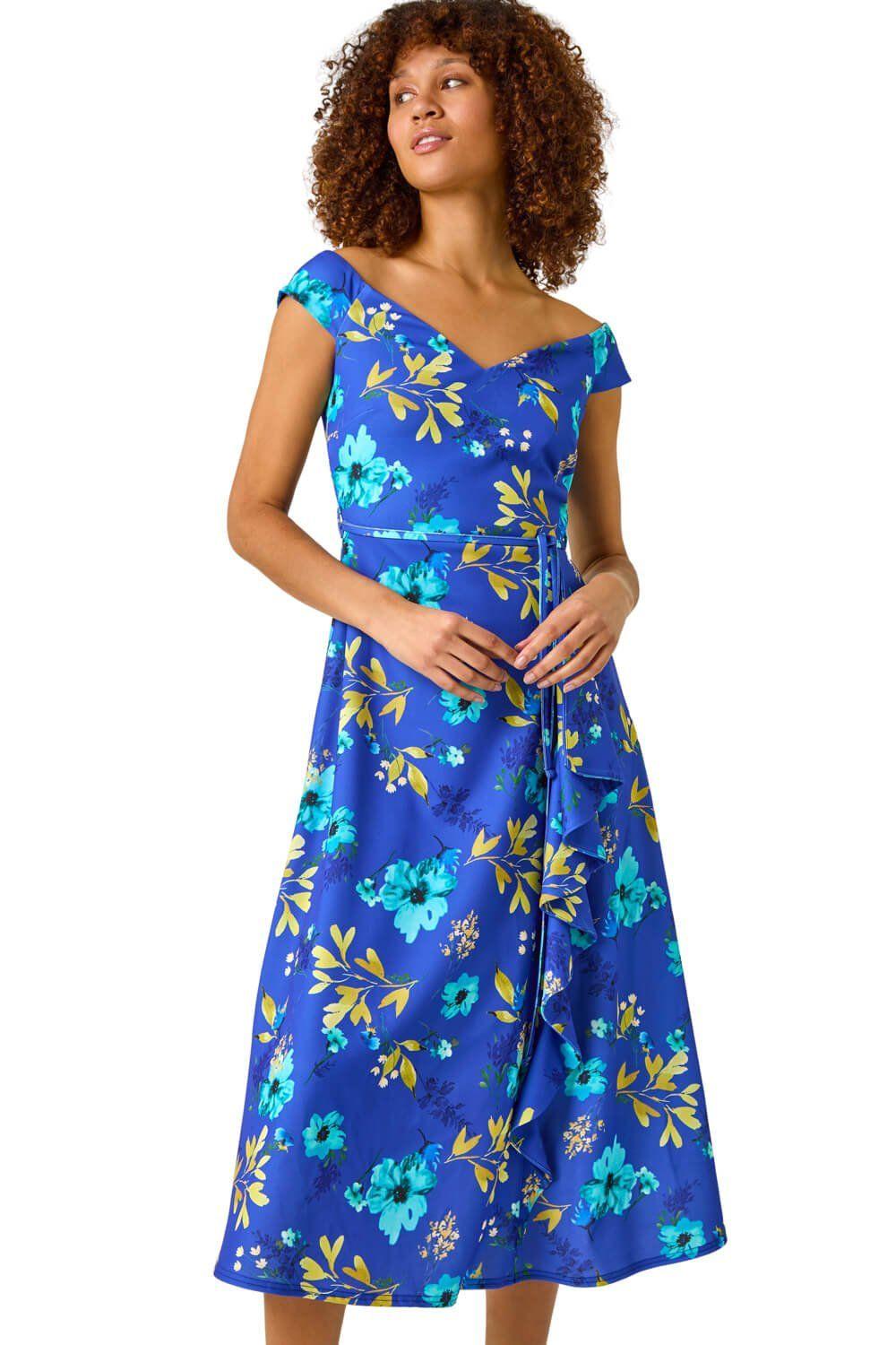 Floral Print Bardot Ruffle Stretch Dress by ROMAN