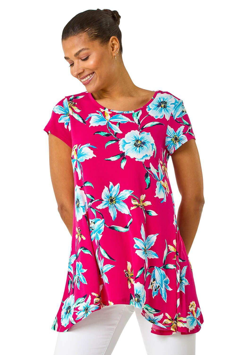 Floral Print Hanky Hem Stretch Tunic Top by ROMAN
