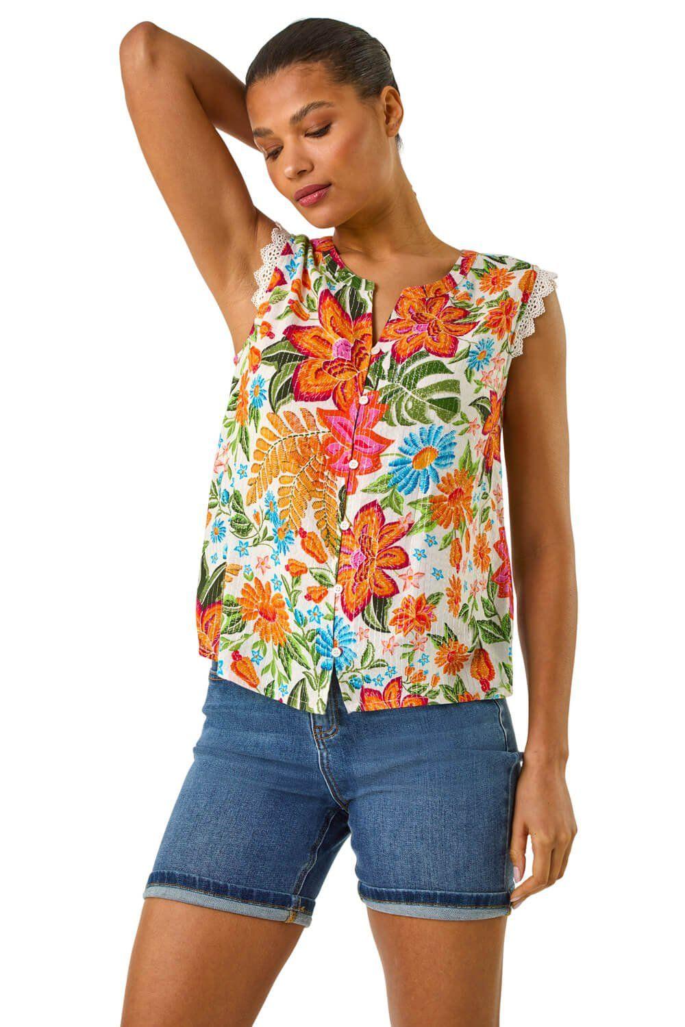 Floral Print Lace Detail Vest by ROMAN