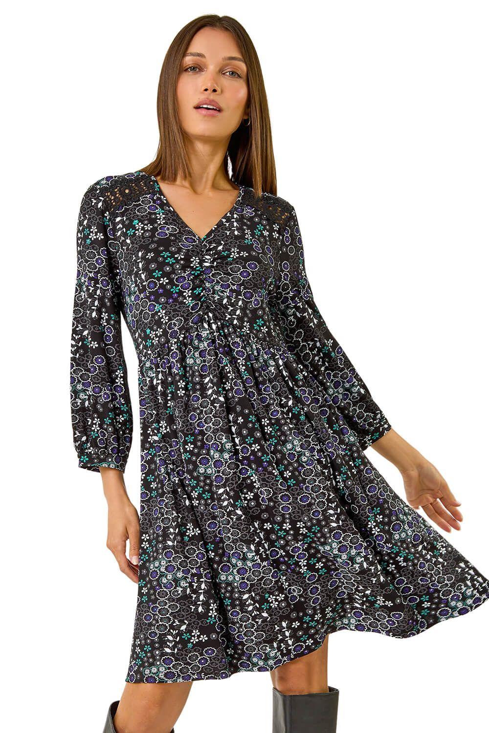 Floral Print Lace Trim Stretch Dress by ROMAN