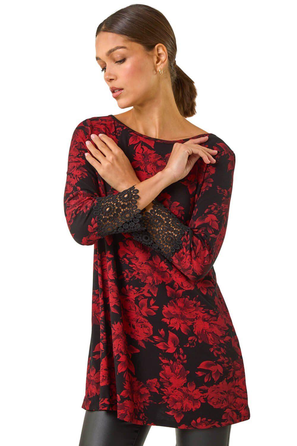 Floral Print Lace Trim Stretch Top by ROMAN