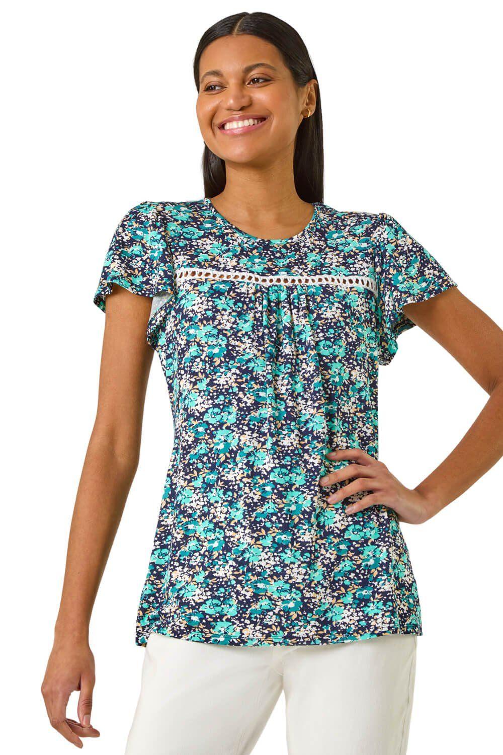 Floral Print Ladder Trim Stretch Top by ROMAN