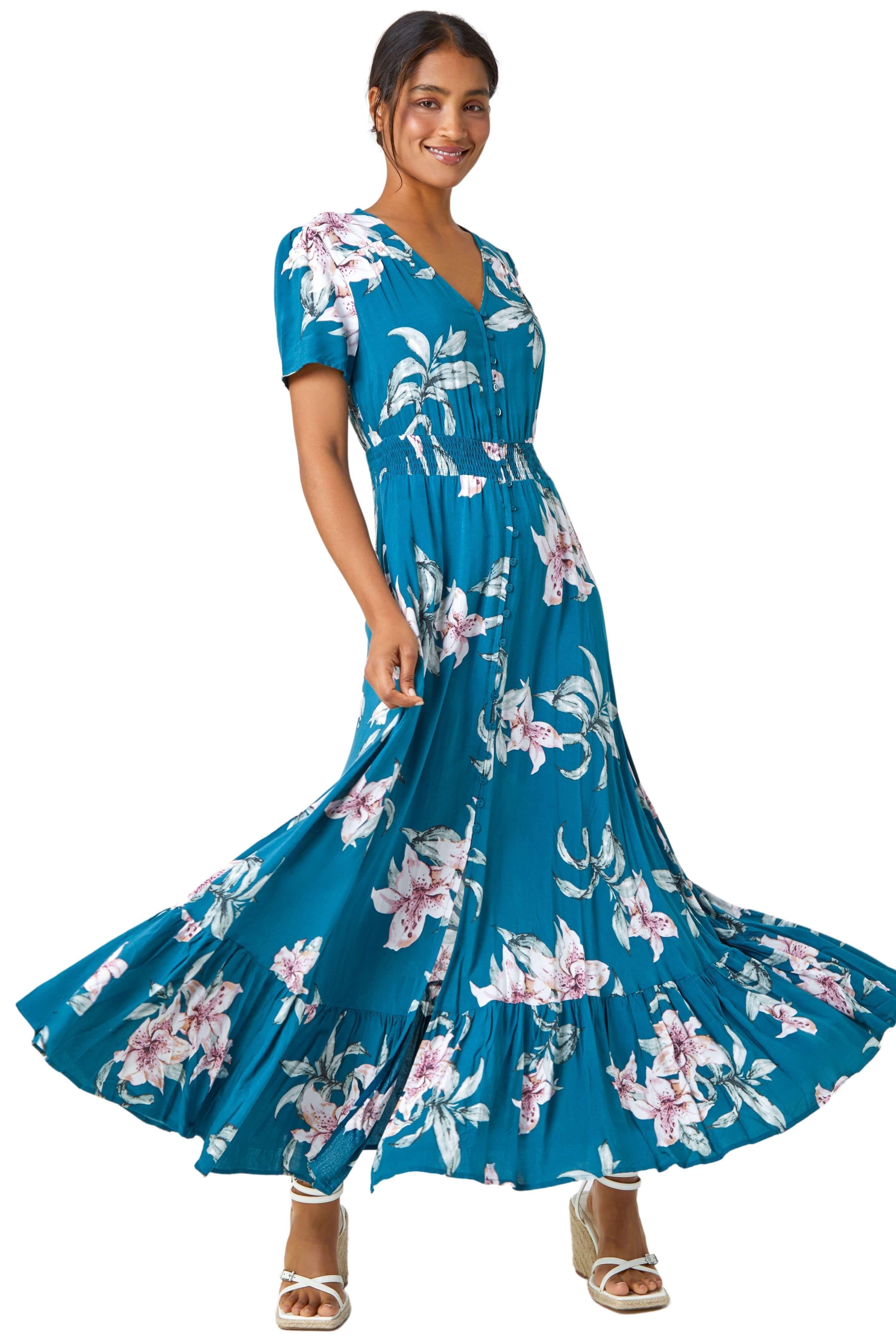 Floral Print Shirred Waist Maxi Dress by ROMAN