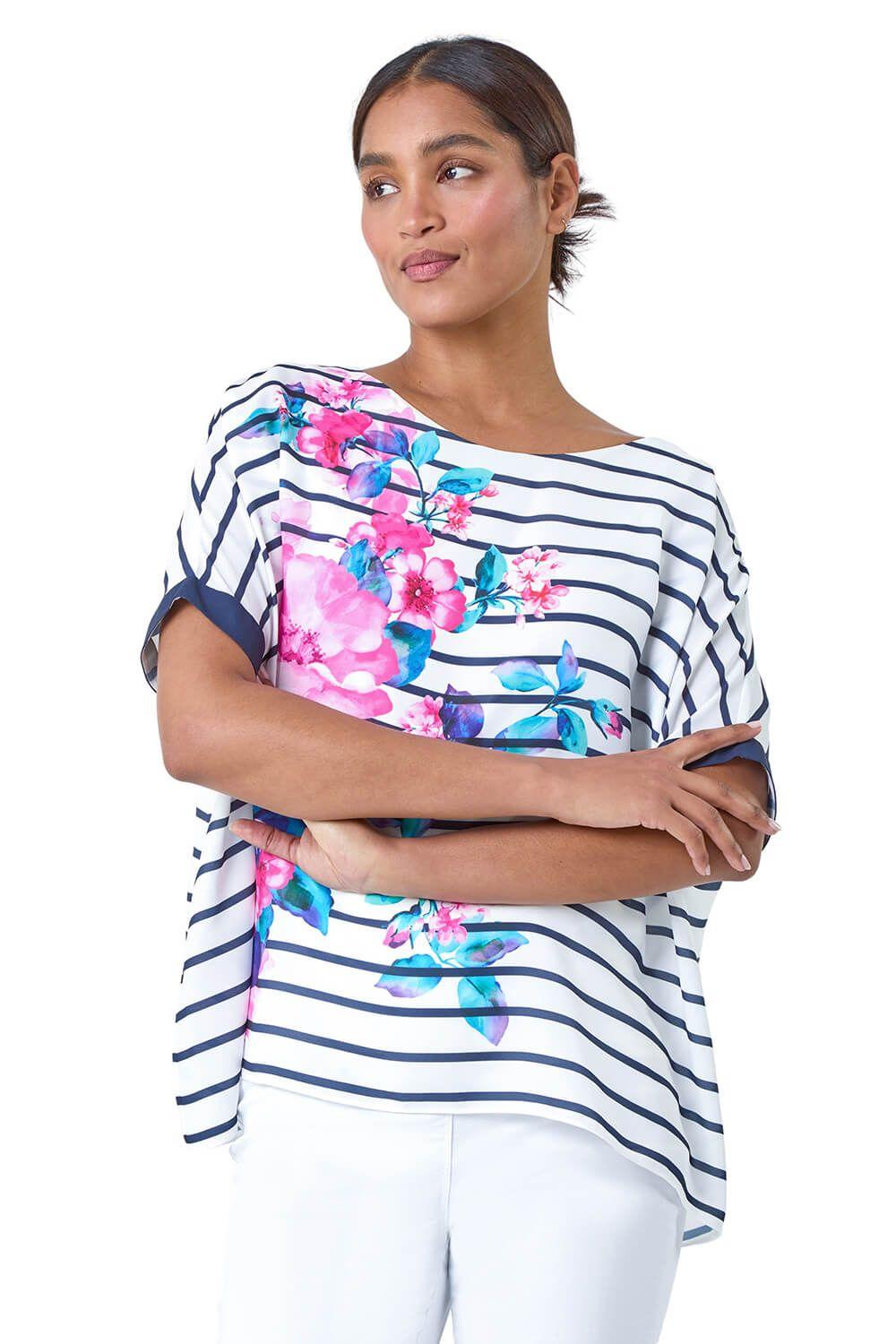 Floral Stripe Print Woven Top by ROMAN