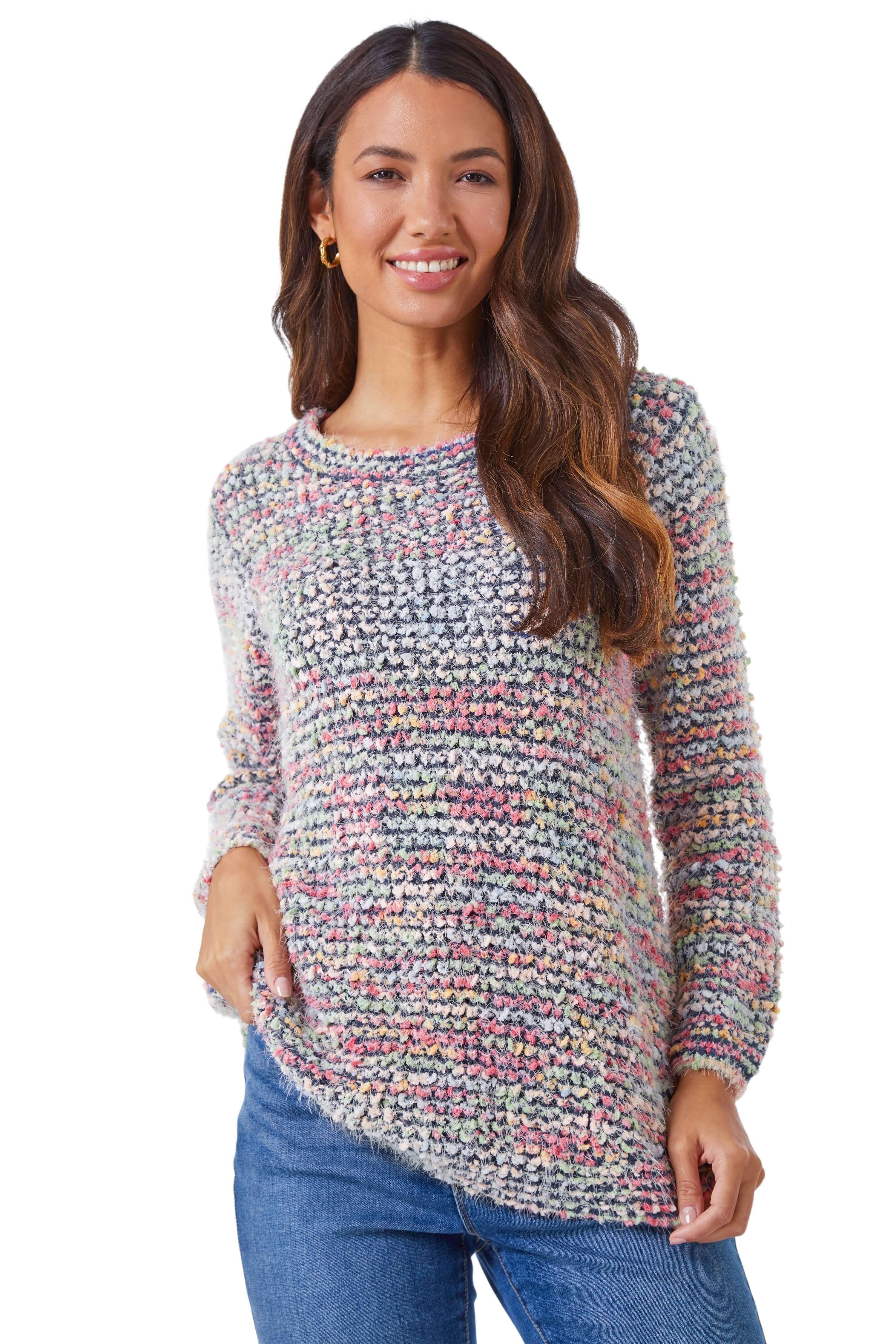 Fluffy Striped Curve Hem Jumper by ROMAN