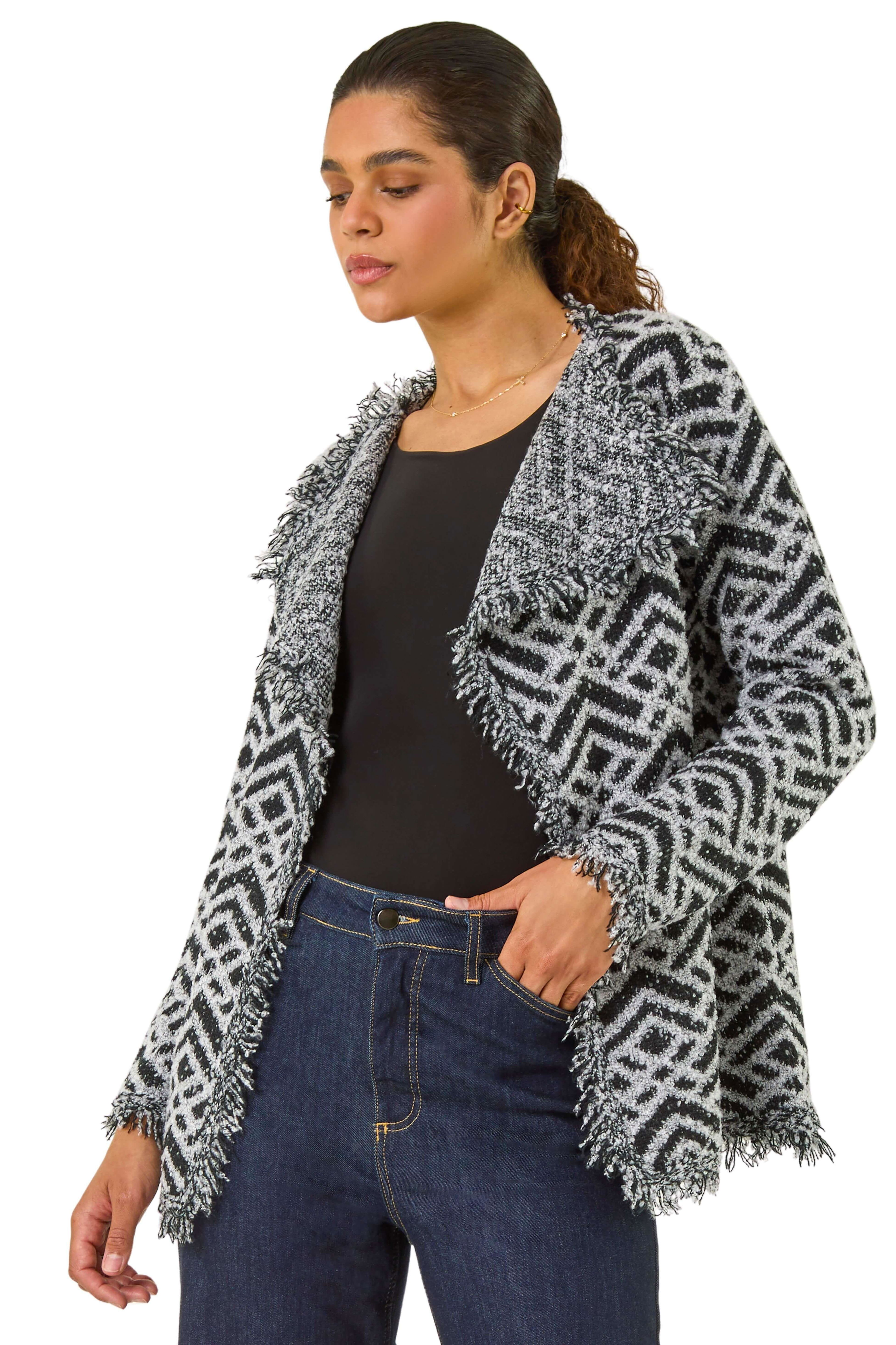 Geometric Fringe Collared Cardigan by ROMAN