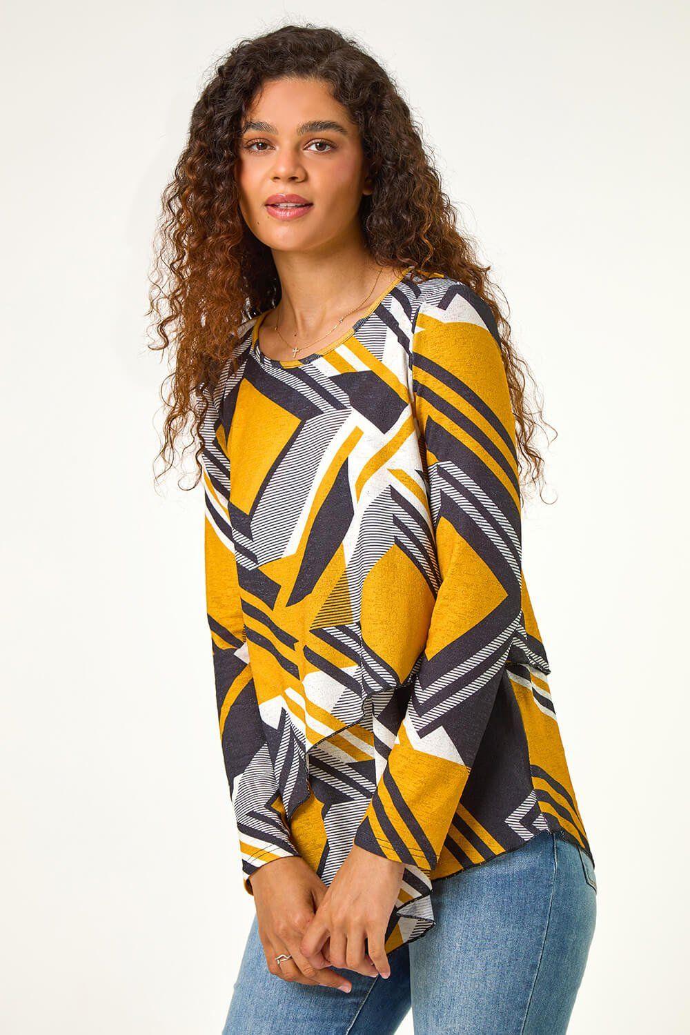 Geometric Print Wrap Tunic Stretch Top by ROMAN