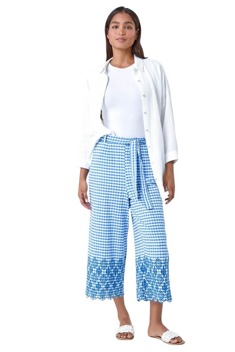 Gingham Cotton Broderie Cropped Trousers by ROMAN