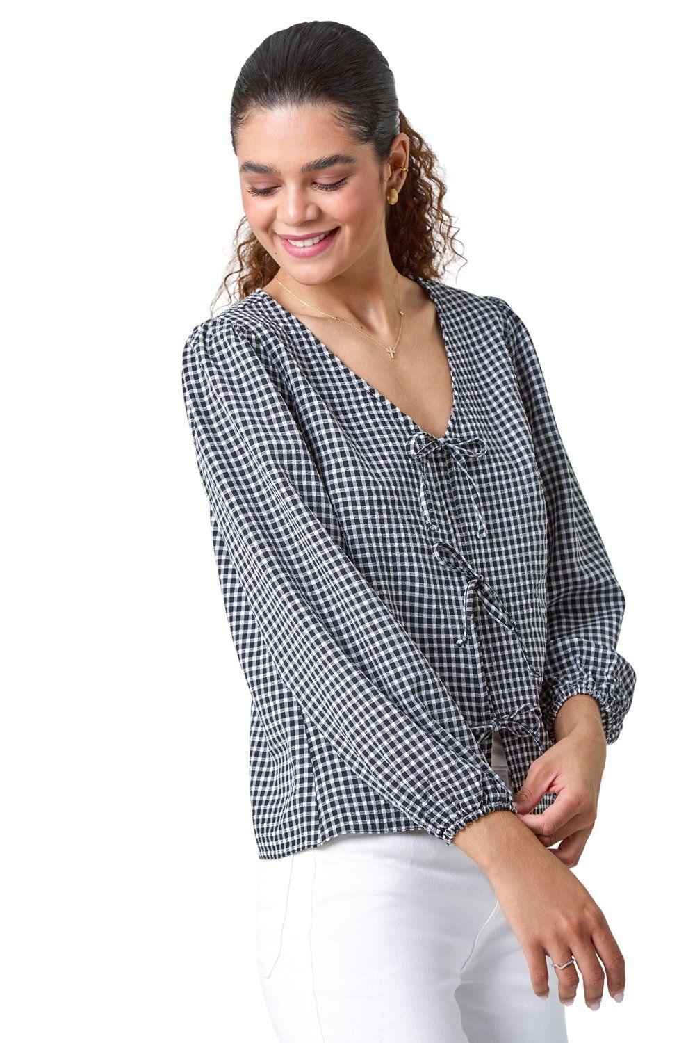Gingham Print Tie Front Woven Top by ROMAN