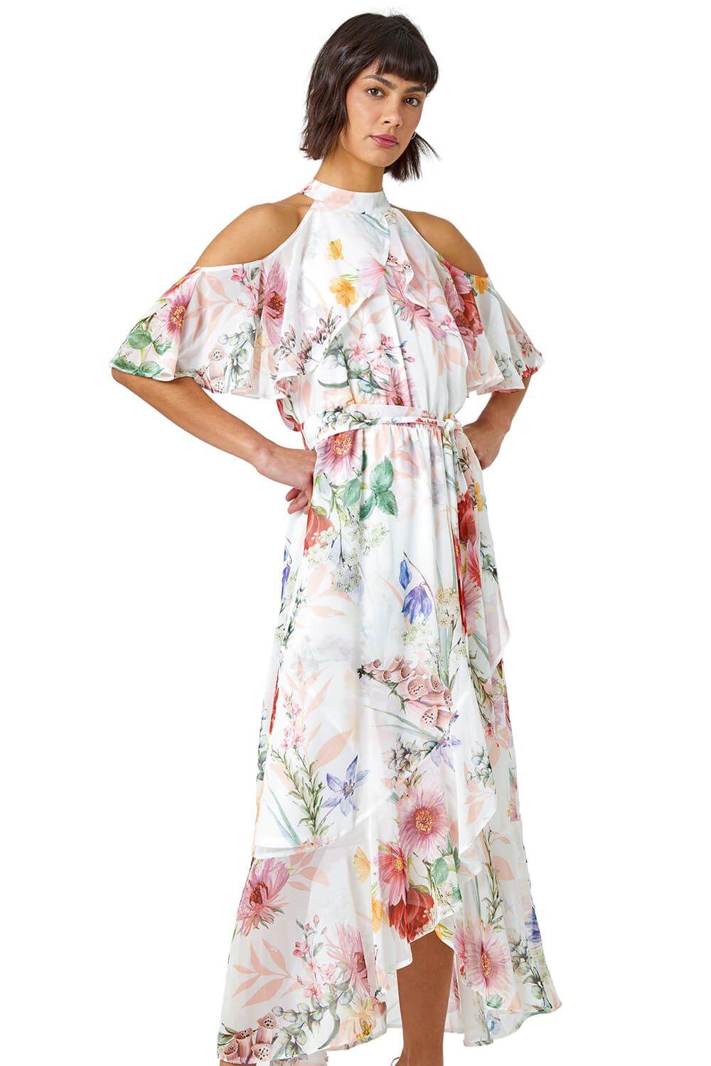 Halterneck Floral Chiffon Frill Dress by ROMAN