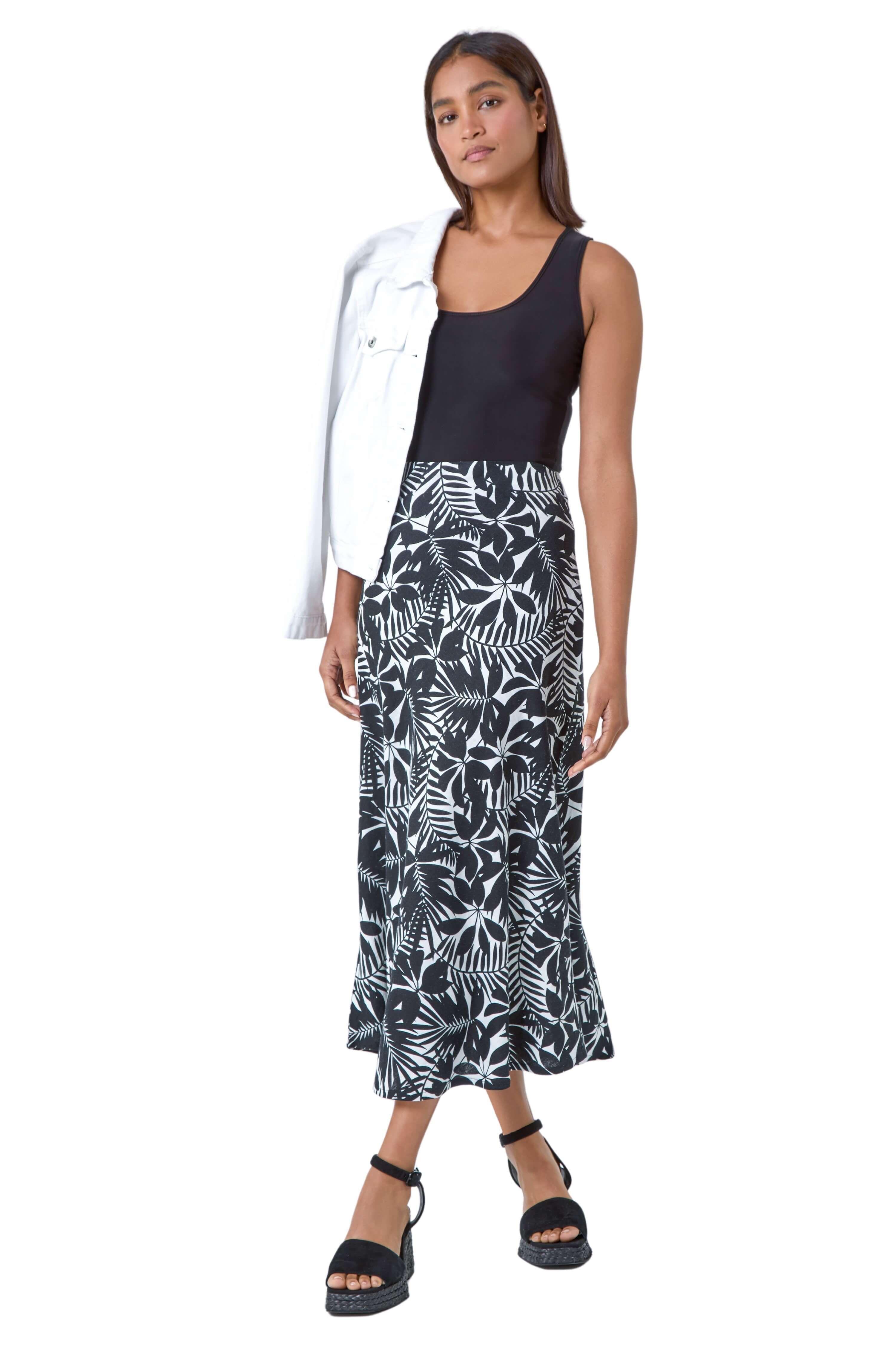 Leaf Print Linen Blend A-Line Skirt by ROMAN