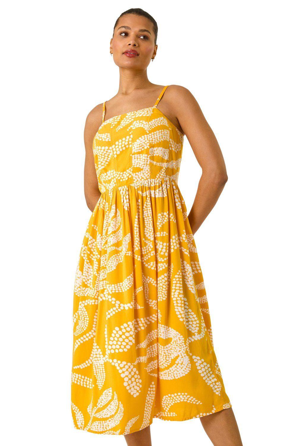 Leaf Print Strap Midi Dress by ROMAN