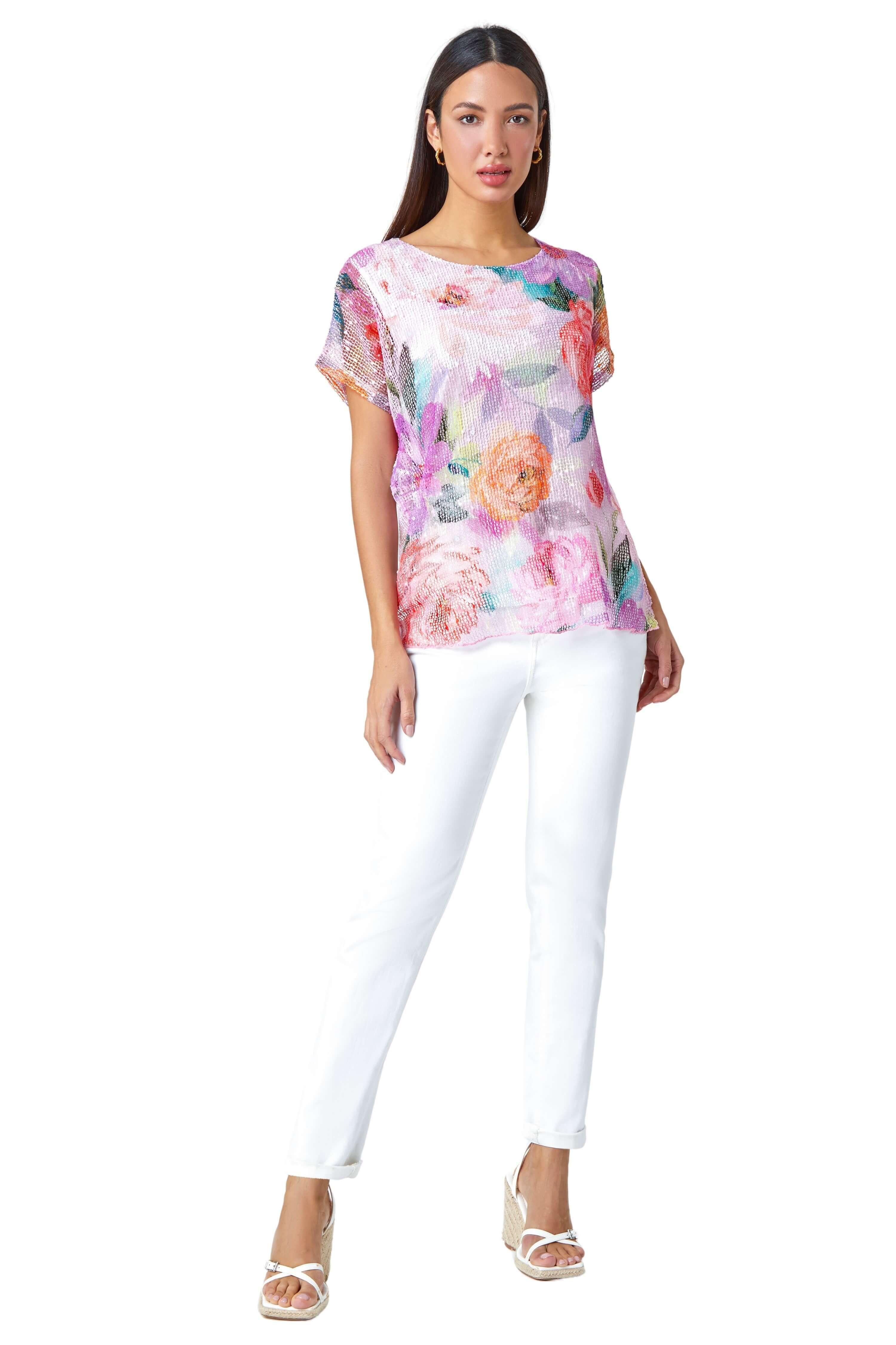 Mesh Overlay Floral Print T-Shirt by ROMAN