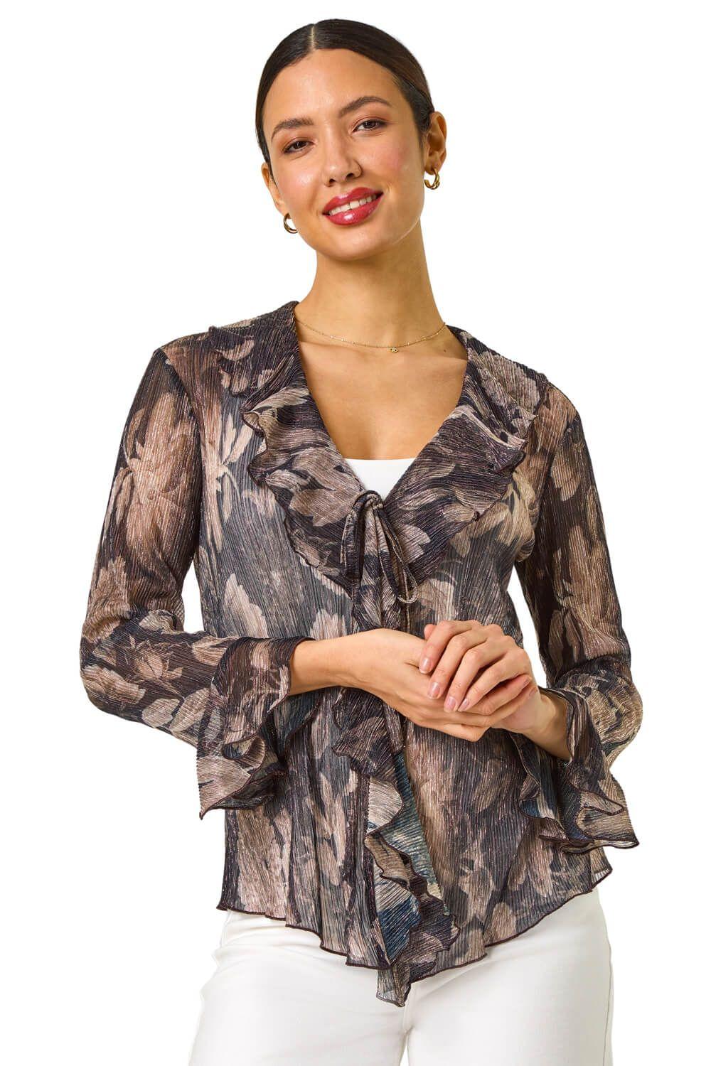 Metallic Print Frill Front Plisse Top by ROMAN