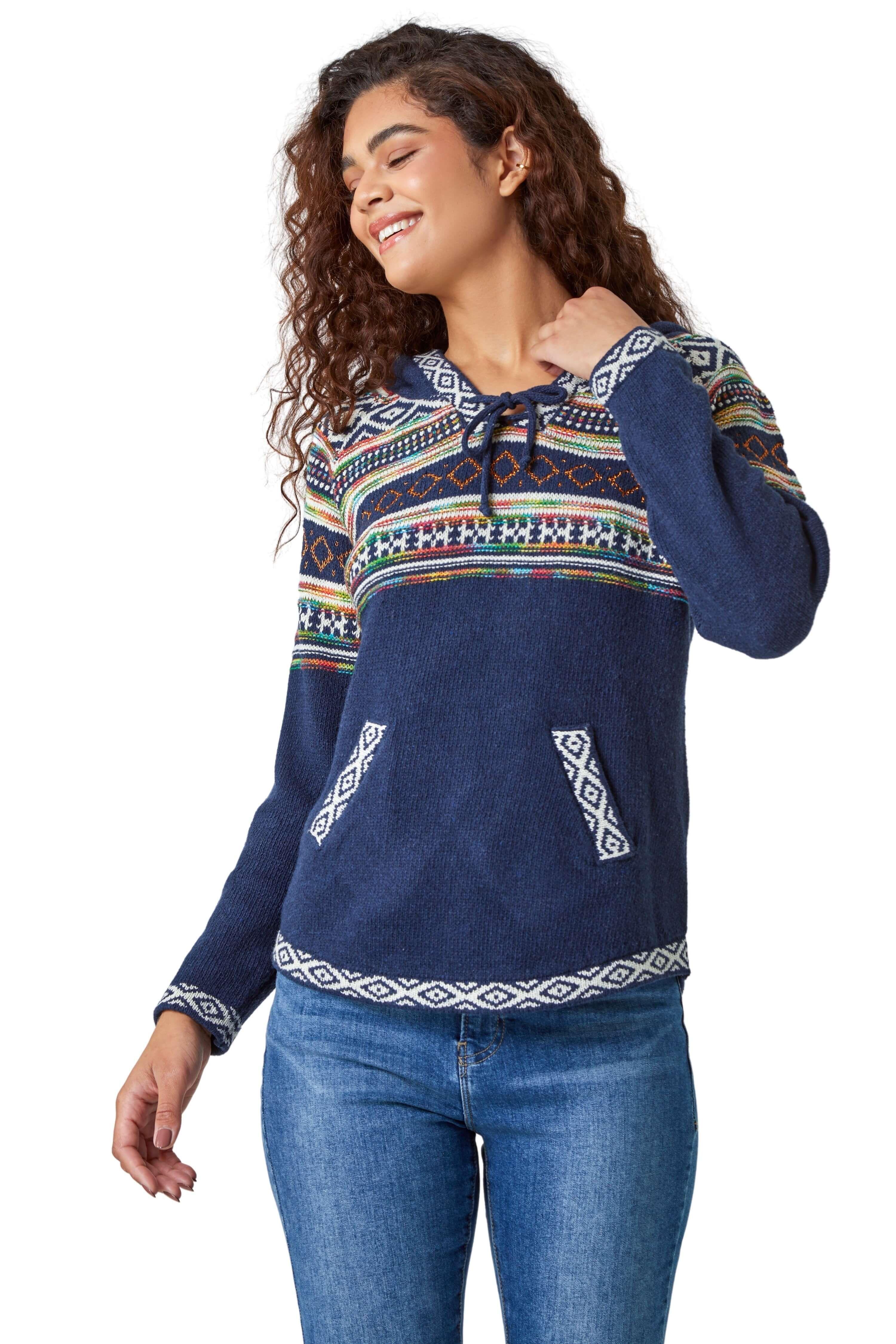 Nordic Print Hooded V-Neck Jumper by ROMAN