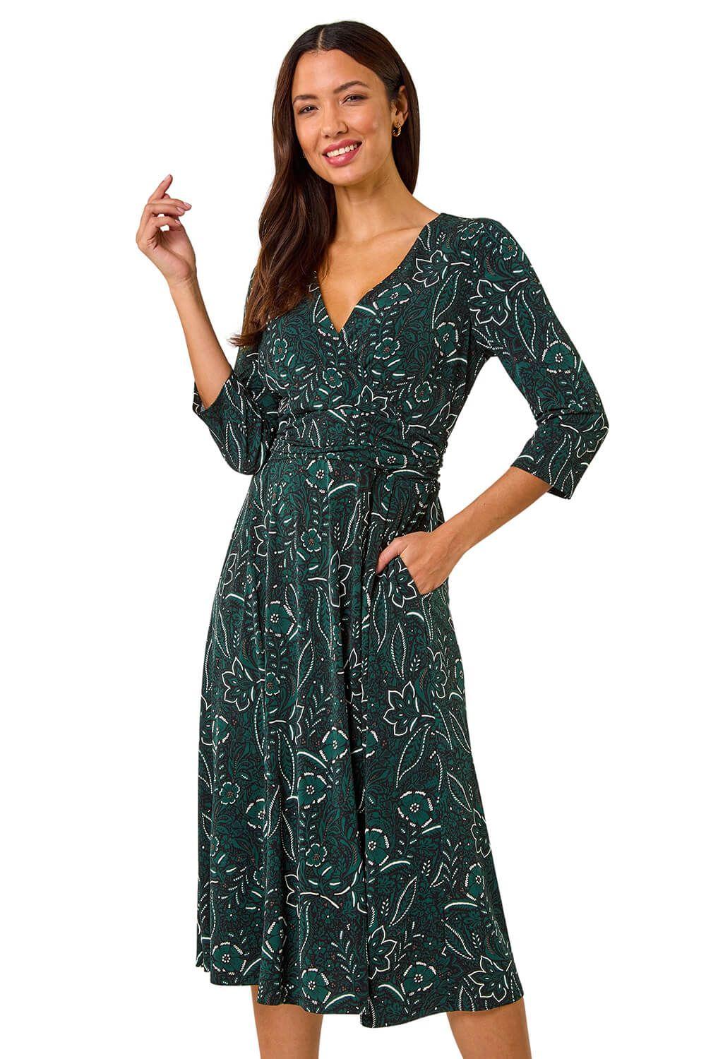 Paisley Print Wrap Midi Dress by ROMAN