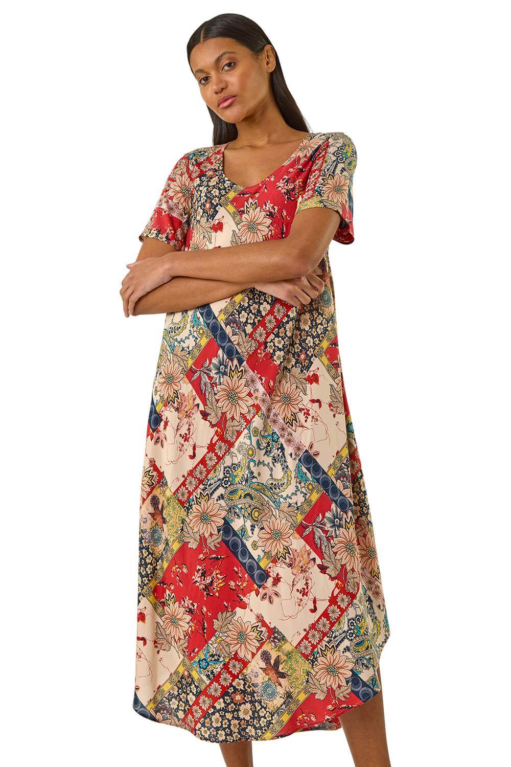 Patchwork Print Curved Hem Midi Dress by ROMAN