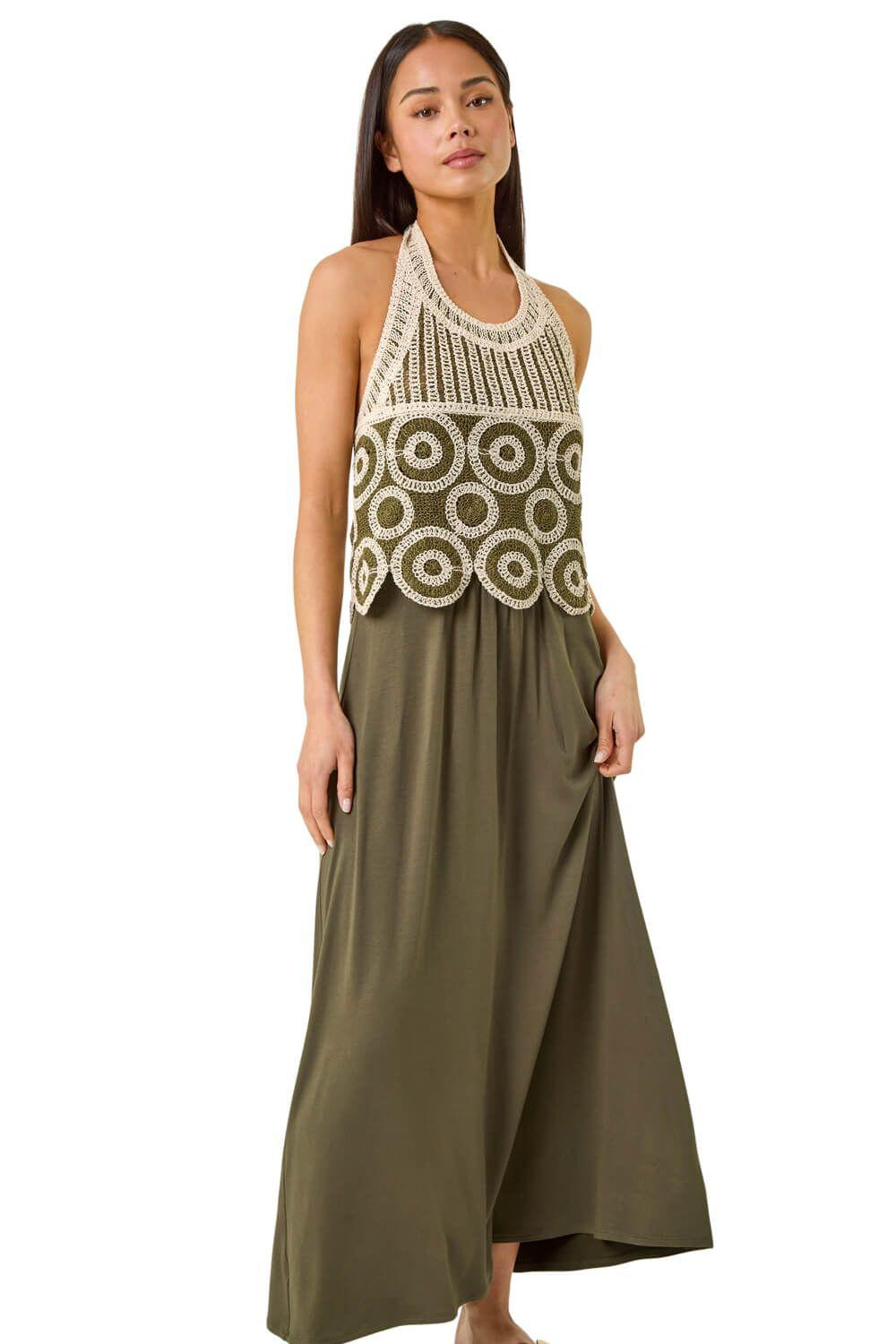 Petite Crochet Contrast Maxi Dress by ROMAN