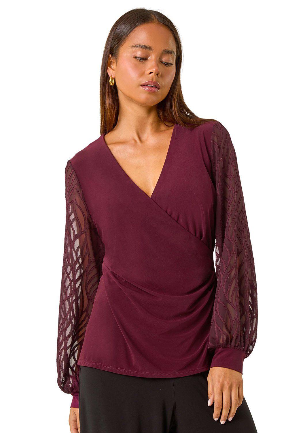 Petite Jacquard Contrast V-Neck Wrap Top by ROMAN