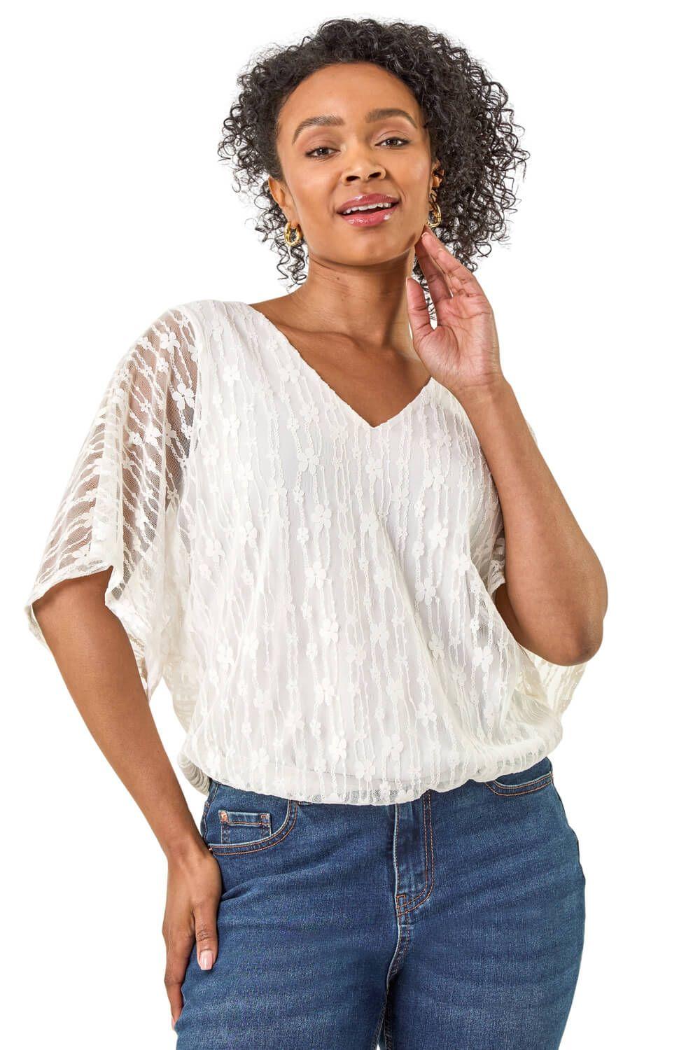 Petite Mesh V-Neck Blouson Top by ROMAN
