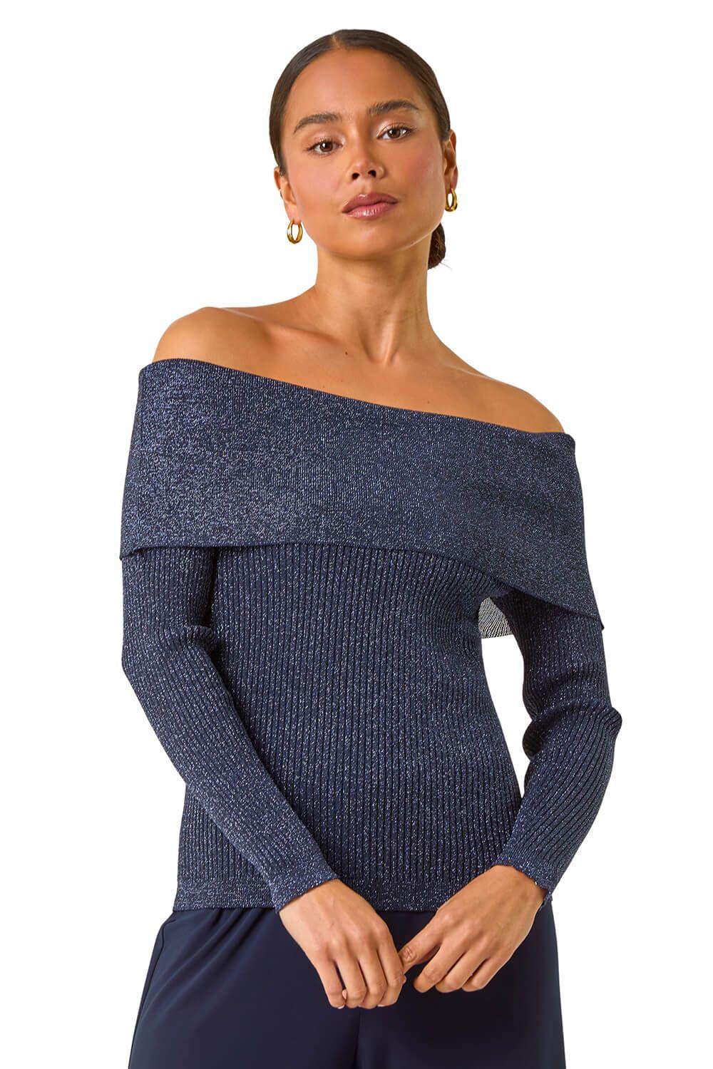 Petite Metallic Bardot Knit Top by ROMAN