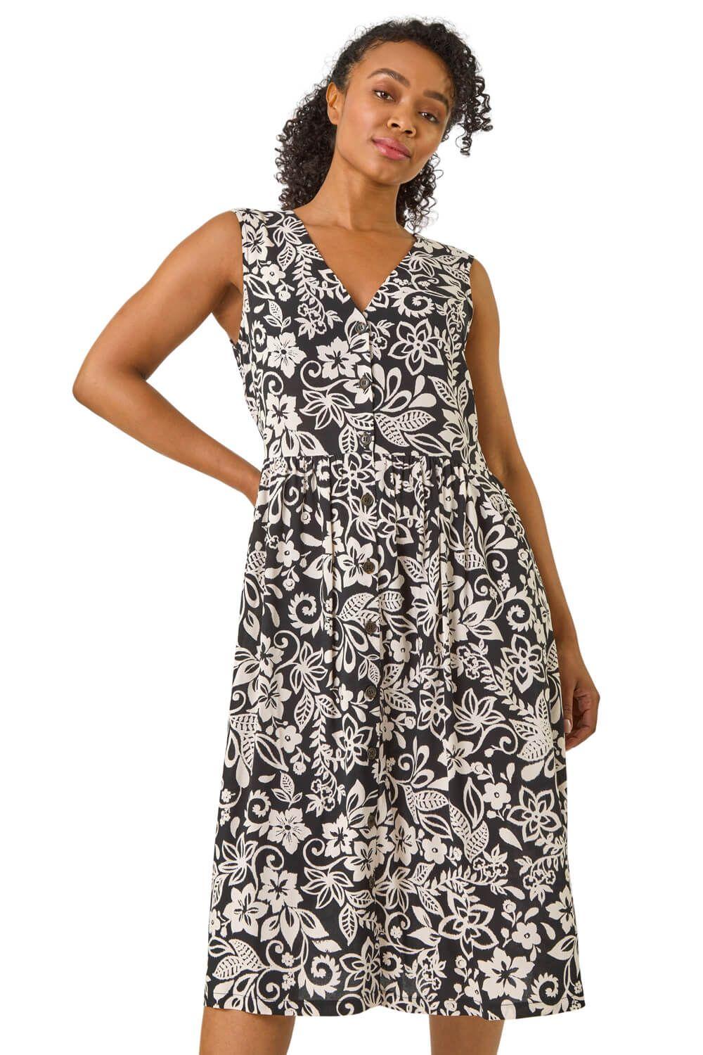 Petite Print Button Through Pocket Dress by ROMAN