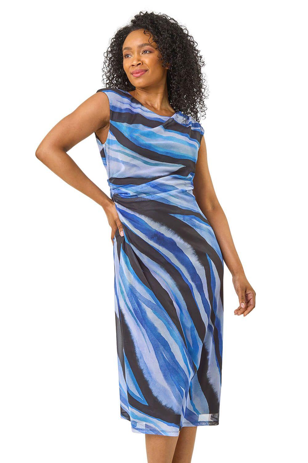 Petite Print Ruched Side Mesh Midi Dress by ROMAN