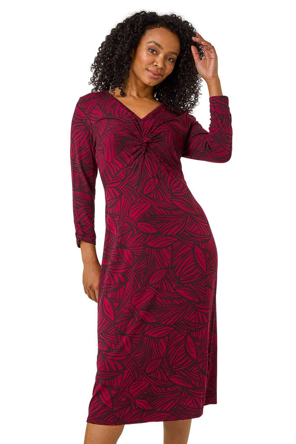 Petite Stretch Leaf Print Twist Midi Dress by ROMAN