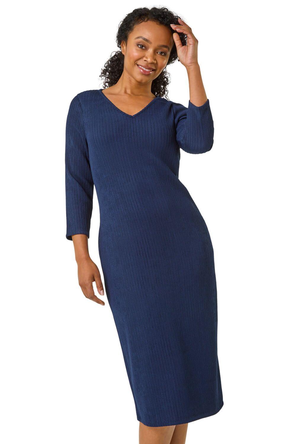 Petite Textured V-Neck Stretch Midi Dress by ROMAN