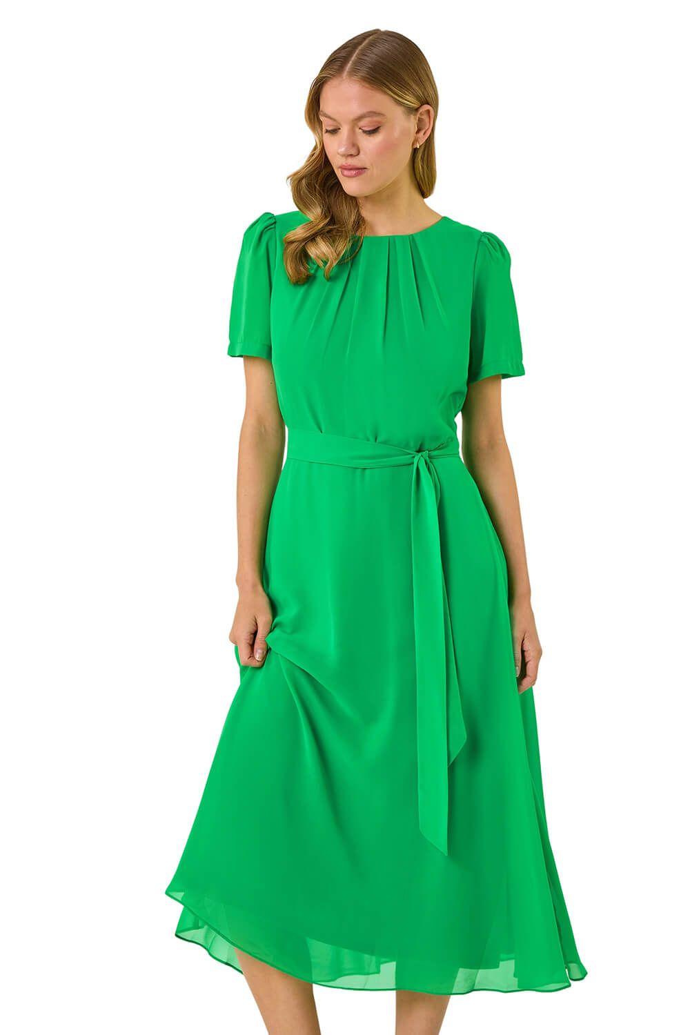 Pleat Chiffon Belted Midi Dress by ROMAN