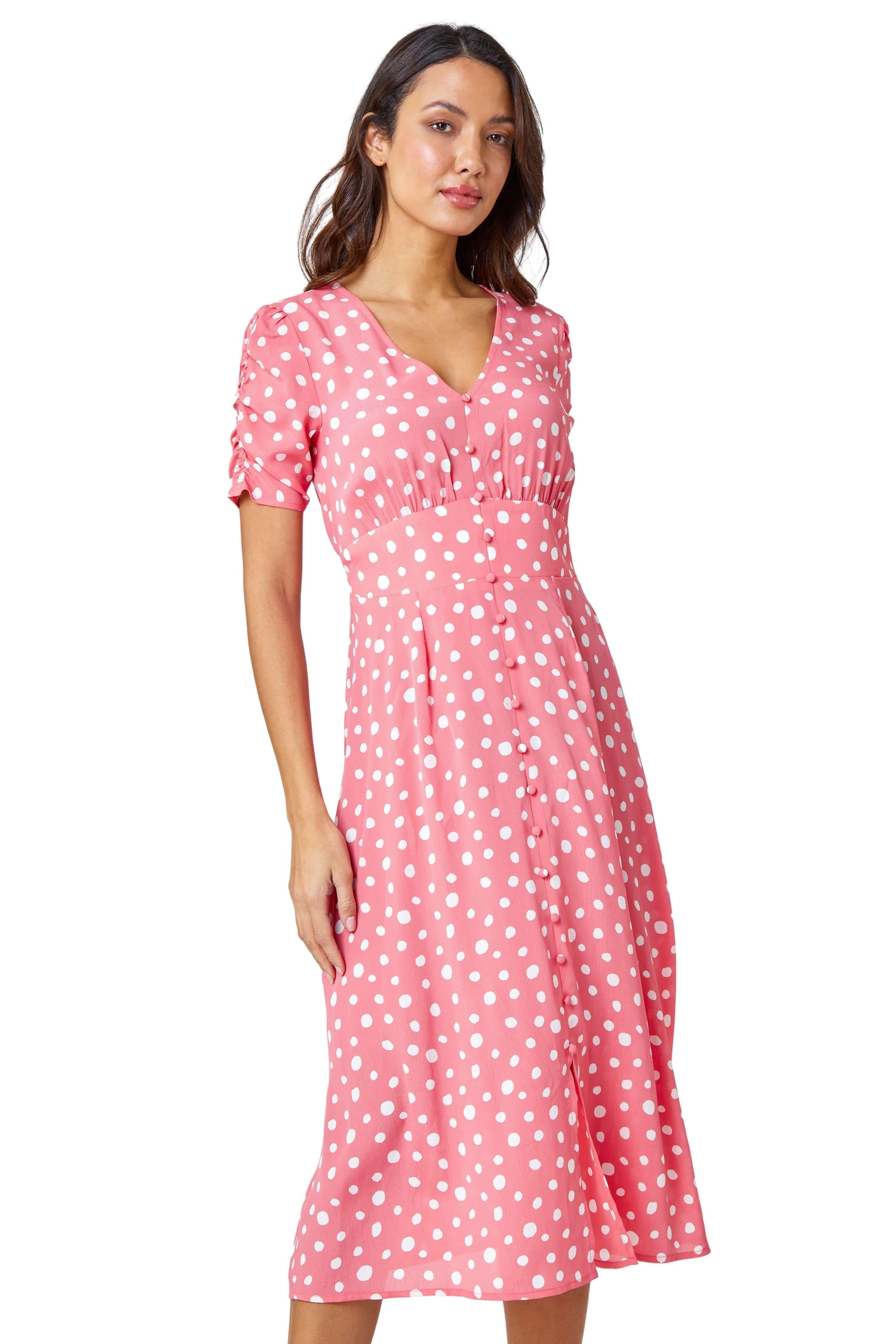 Polka Dot Ruched Sleeve Midi Dress by ROMAN