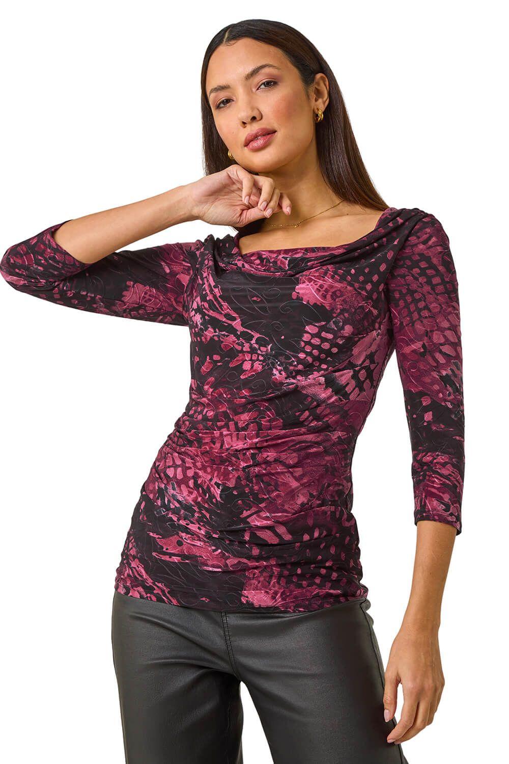 Printed Cowl Neck Stretch Top by ROMAN