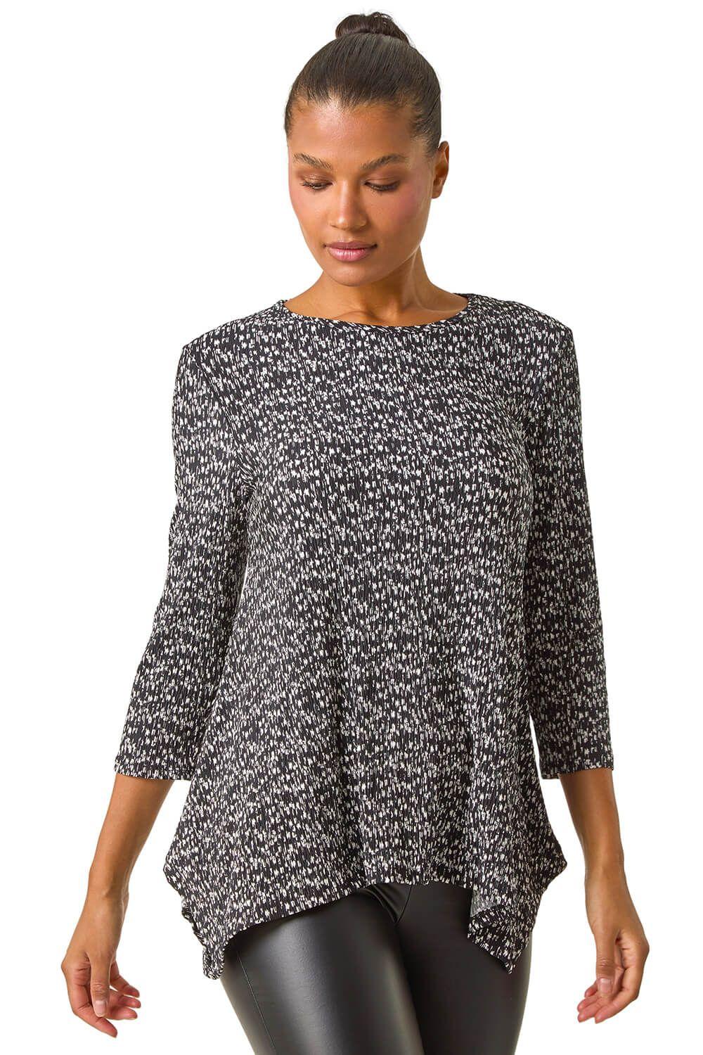 Printed Plisse Hanky Hem Tunic Stretch Top by ROMAN