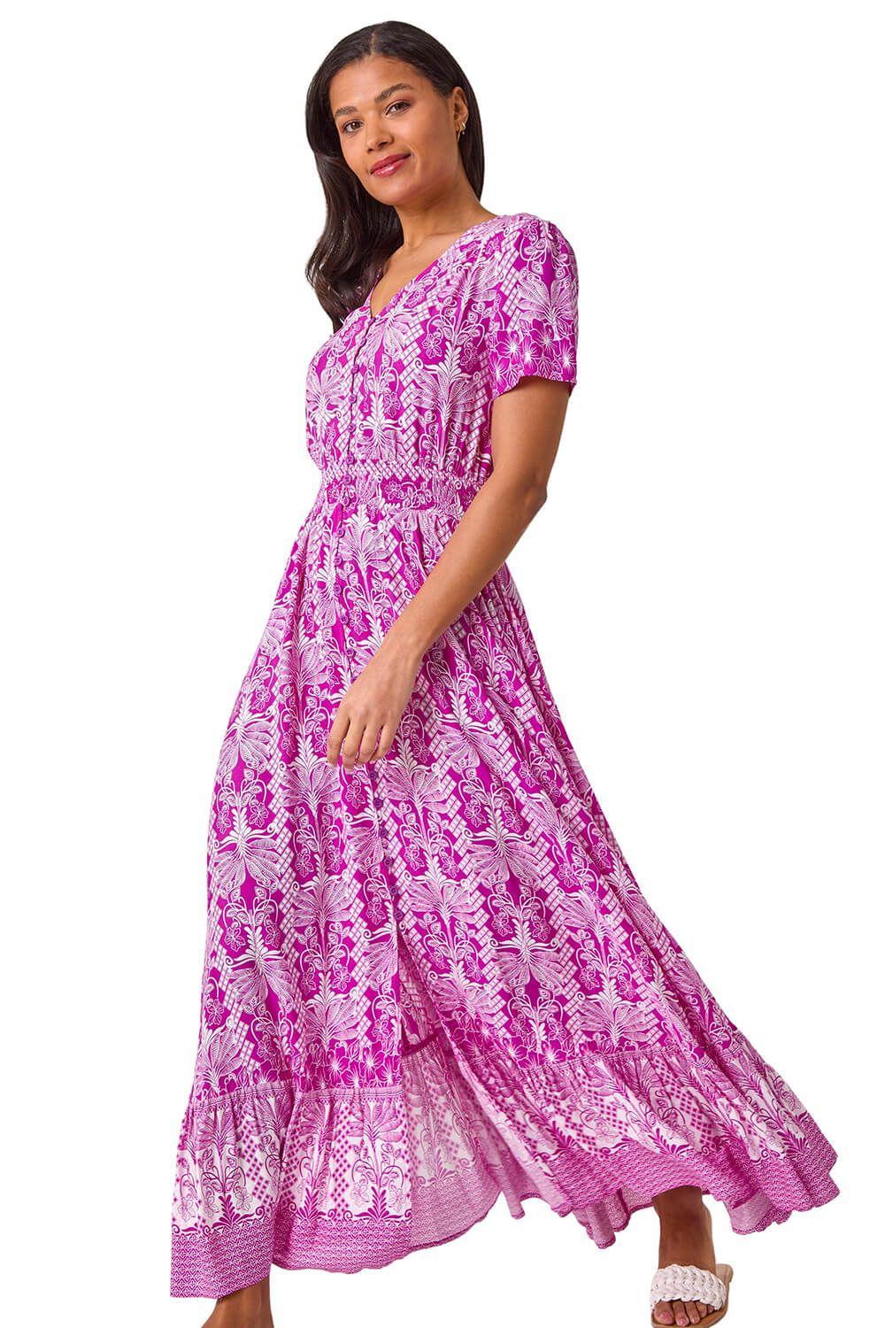 Printed Shirred Waist Maxi Dress by ROMAN