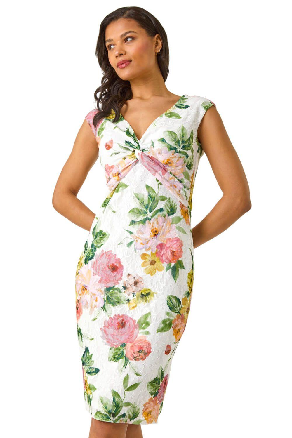Rose Print Lace Knot Stretch Dress by ROMAN