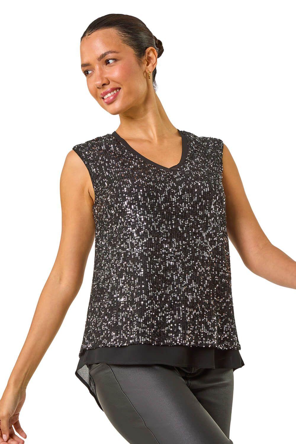 Sequin V-Neck Tunic Stretch Top by ROMAN