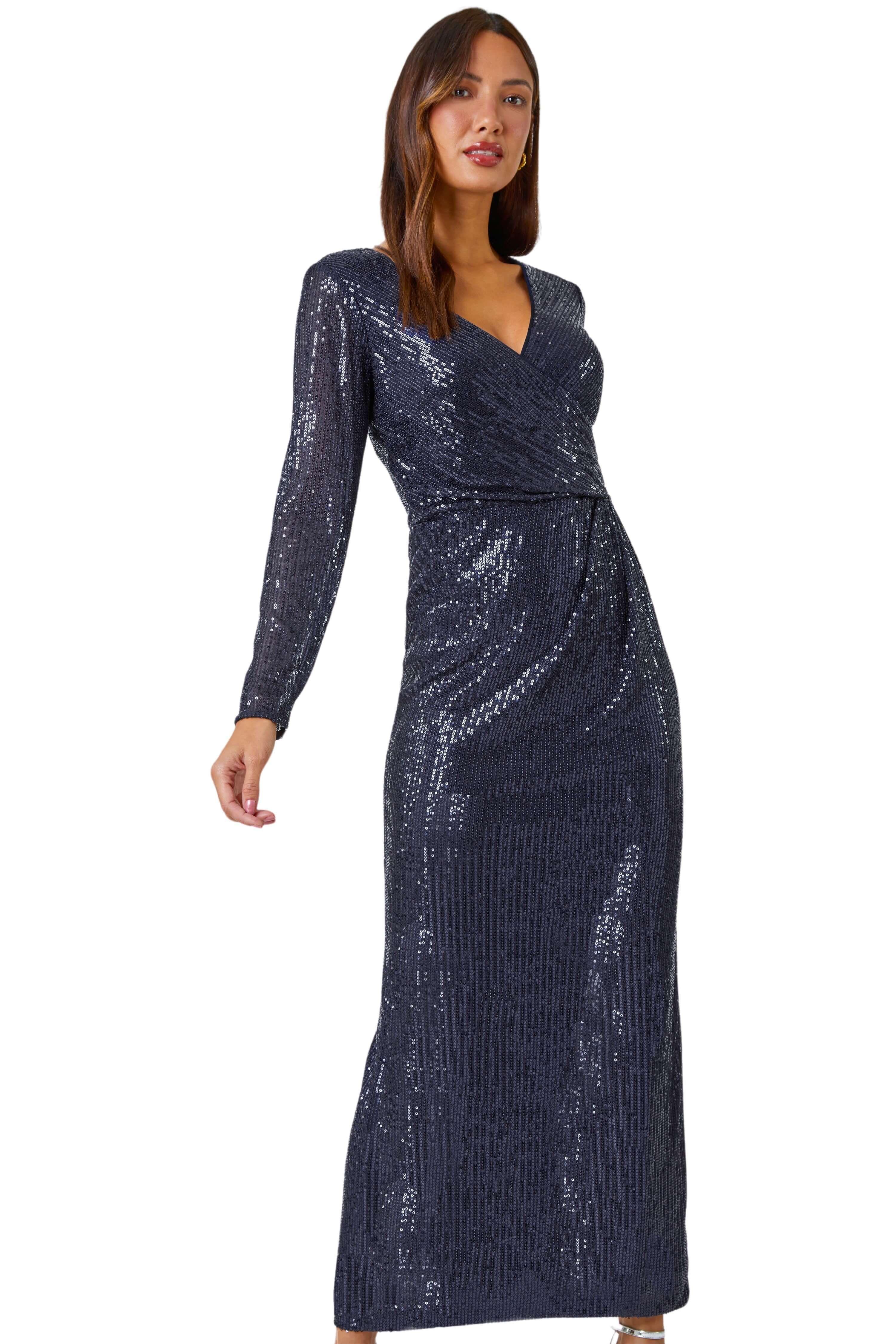 Sequin Wrap Stretch Maxi Dress by ROMAN