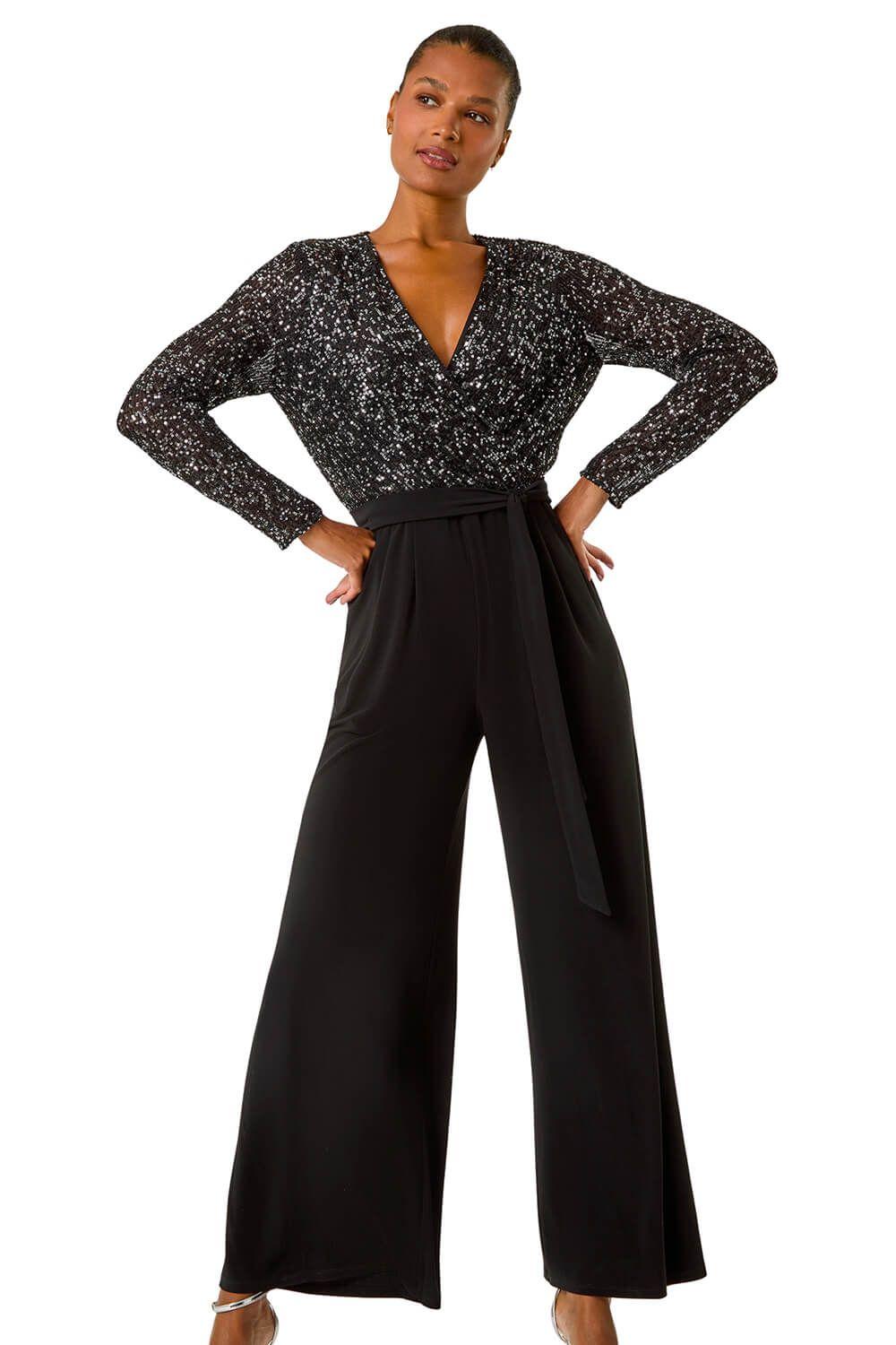 Sequin Wrap V-Neck Stretch Jumpsuit by ROMAN