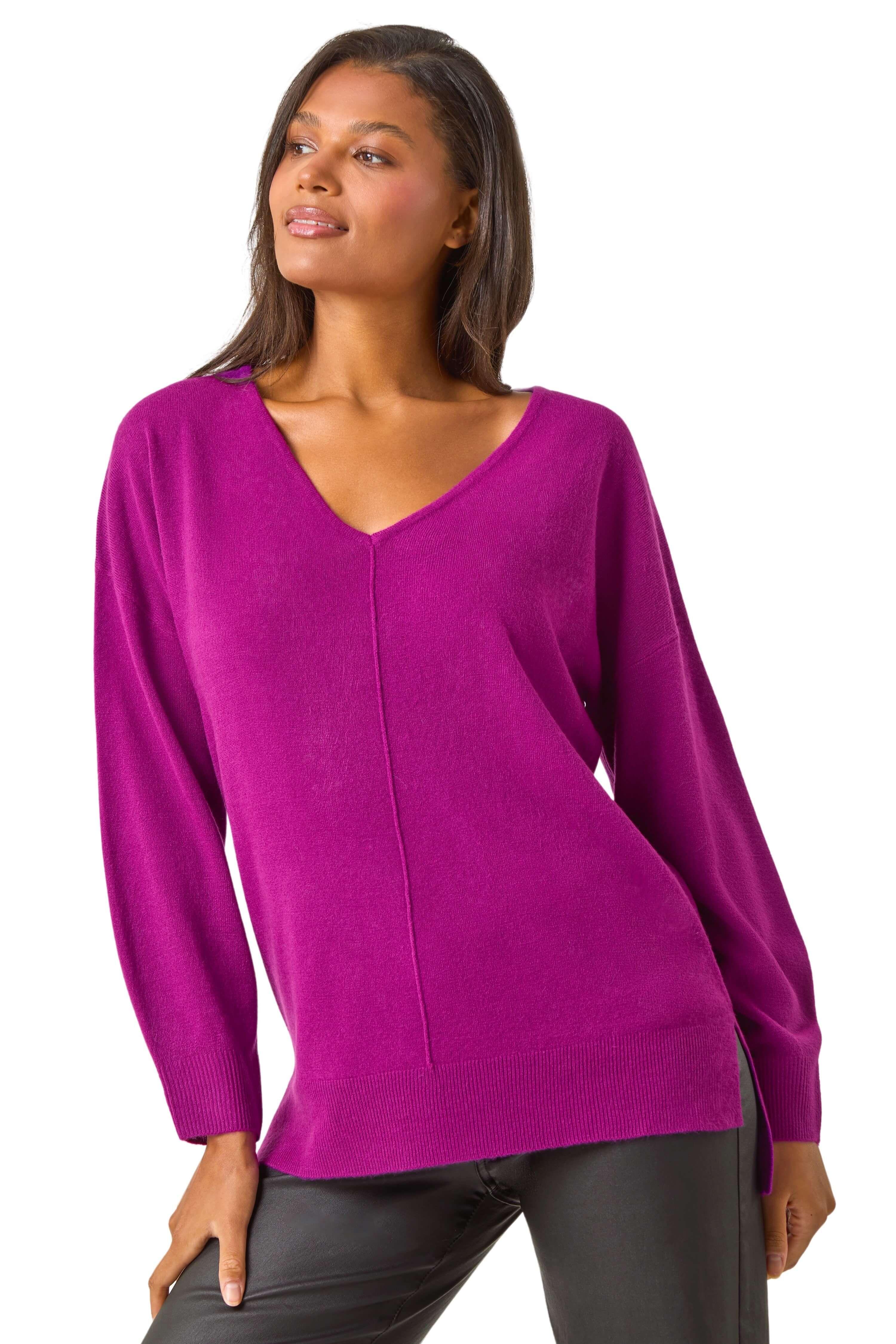 Soft V-Neck Side Split Knit Sweater by ROMAN