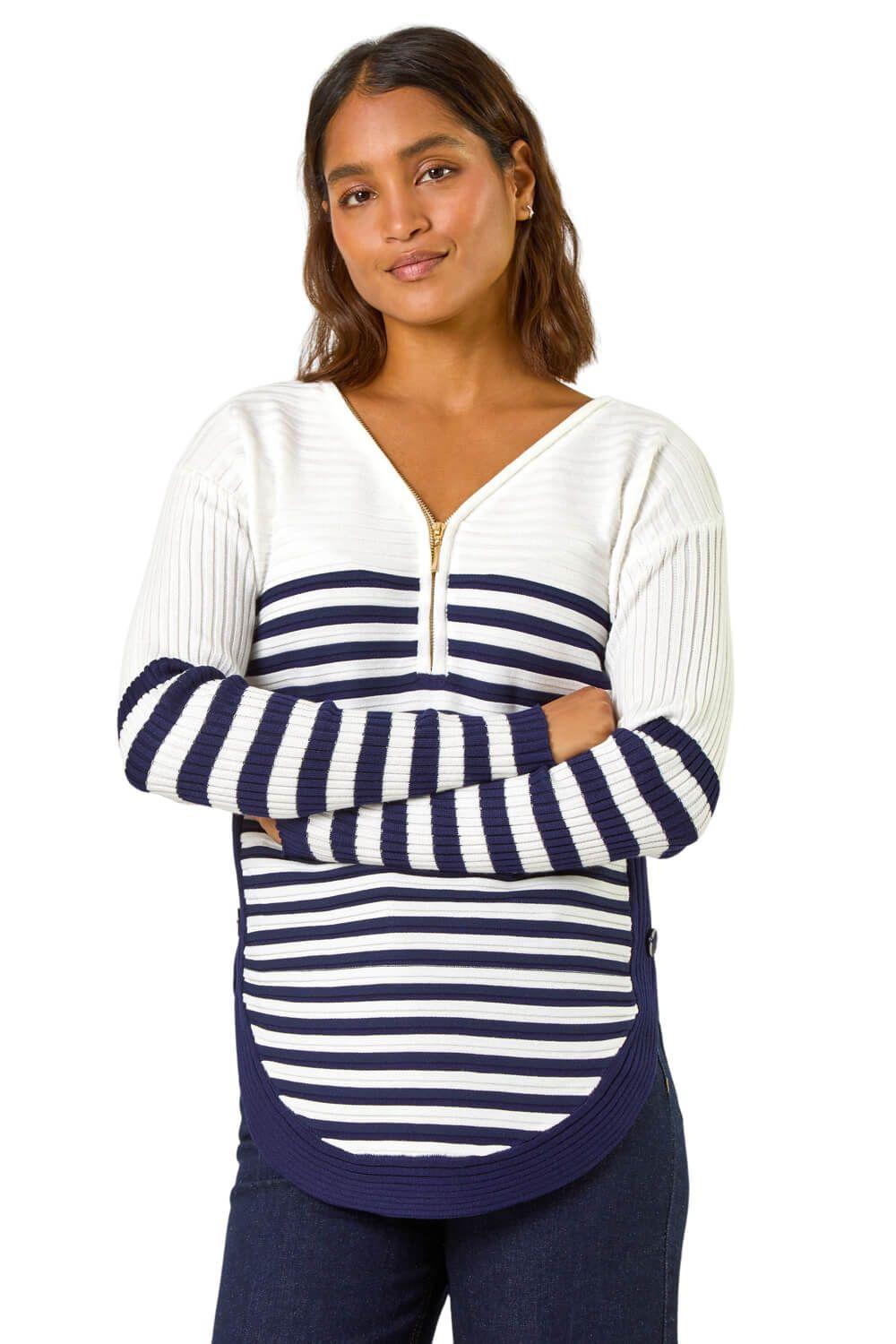 Stripe Zip Front Ribbed Knit Jumper by ROMAN