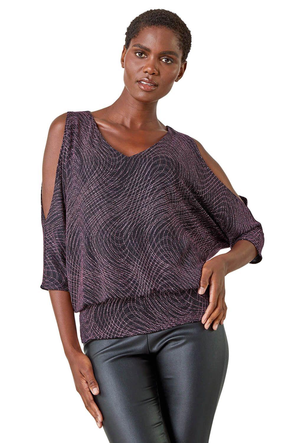 Swirl Print V-Neck Glitter Blouson Top by ROMAN