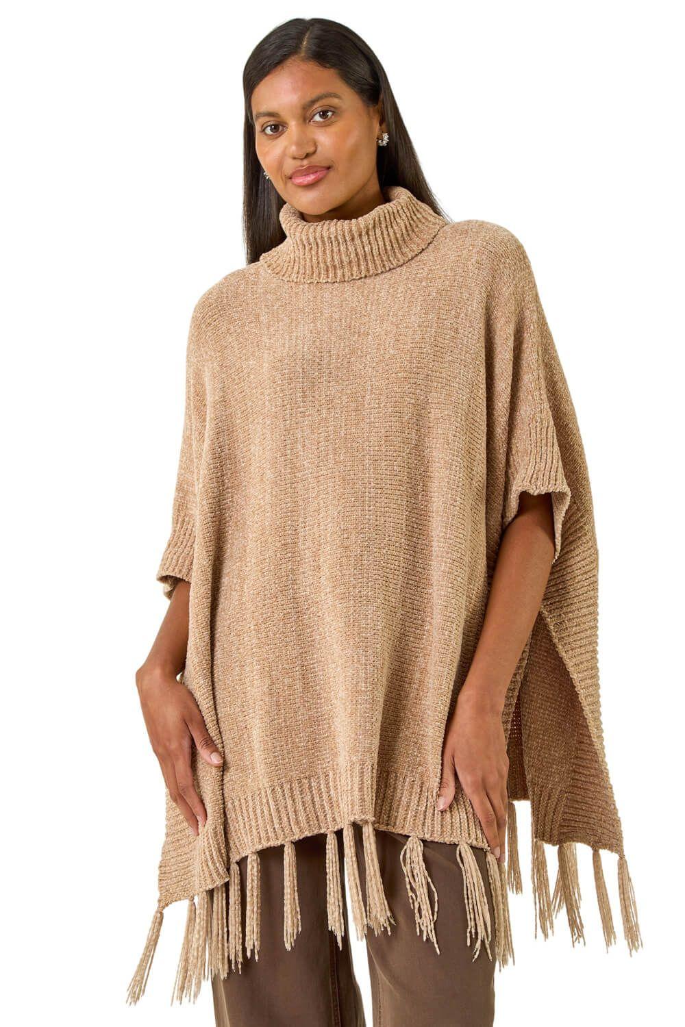 Tassle Trim Knit Poncho by ROMAN