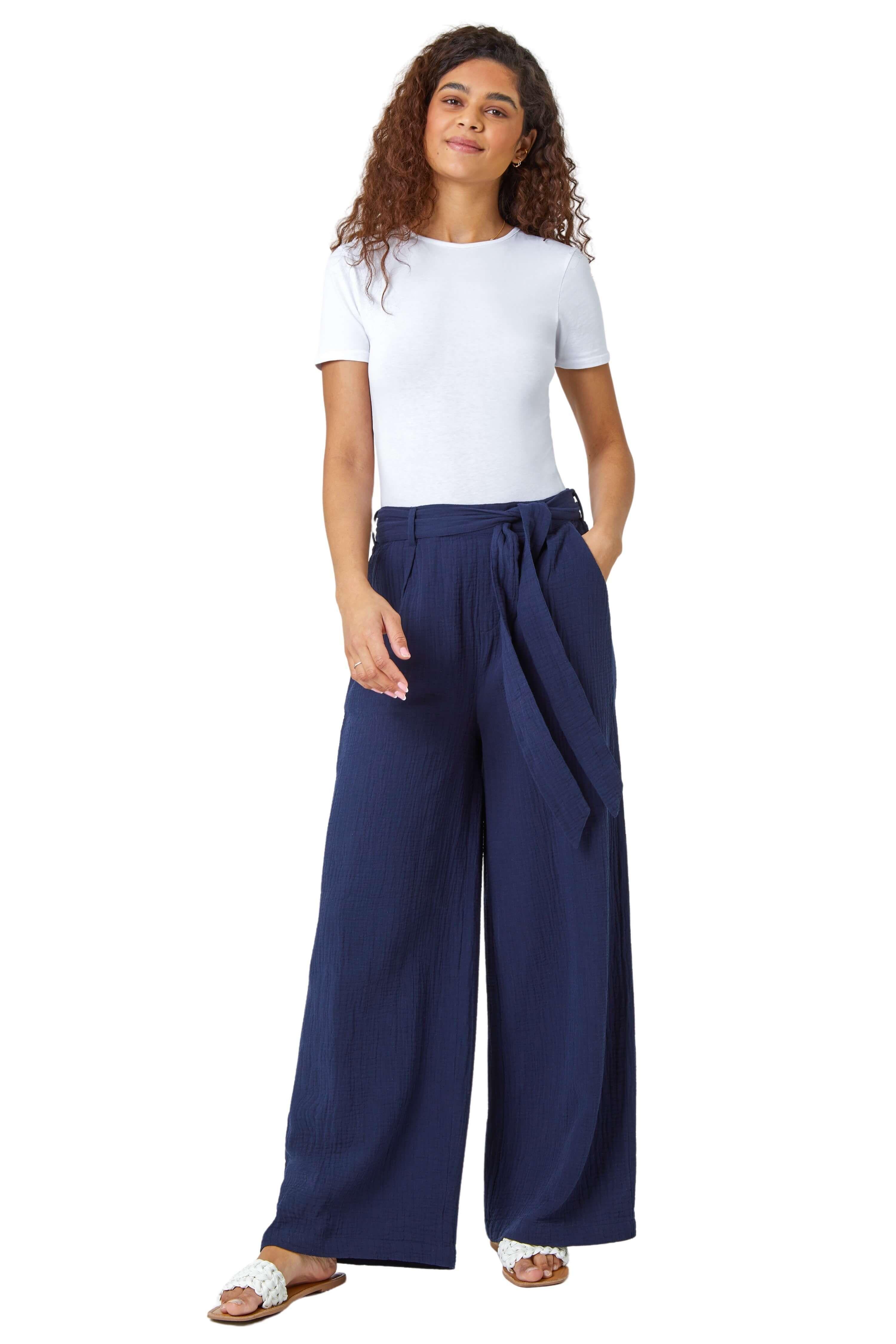 Textured Cotton Wide Leg Trousers by ROMAN